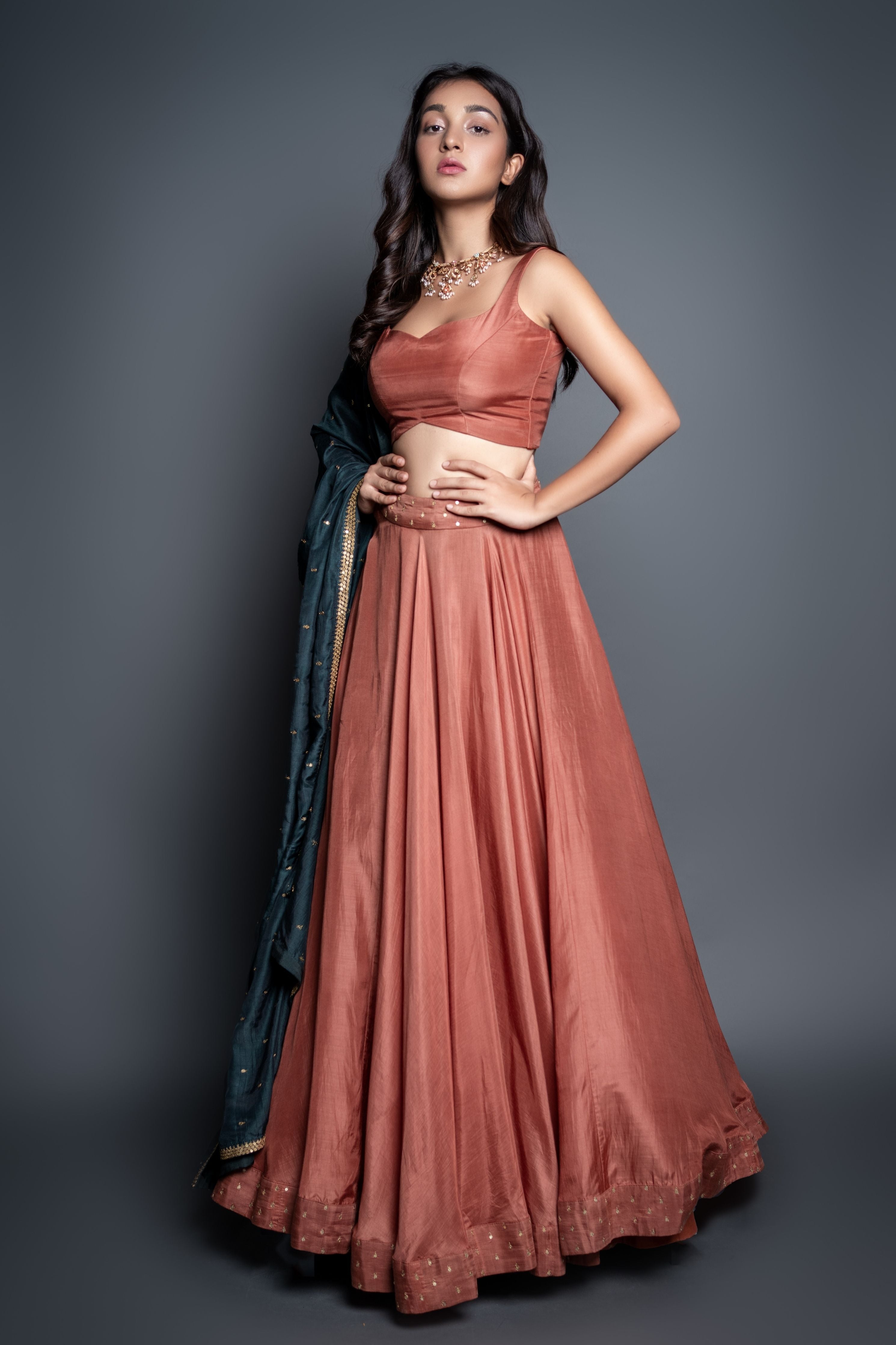 Bronze & Bottle Green Zari Lehenga Set
