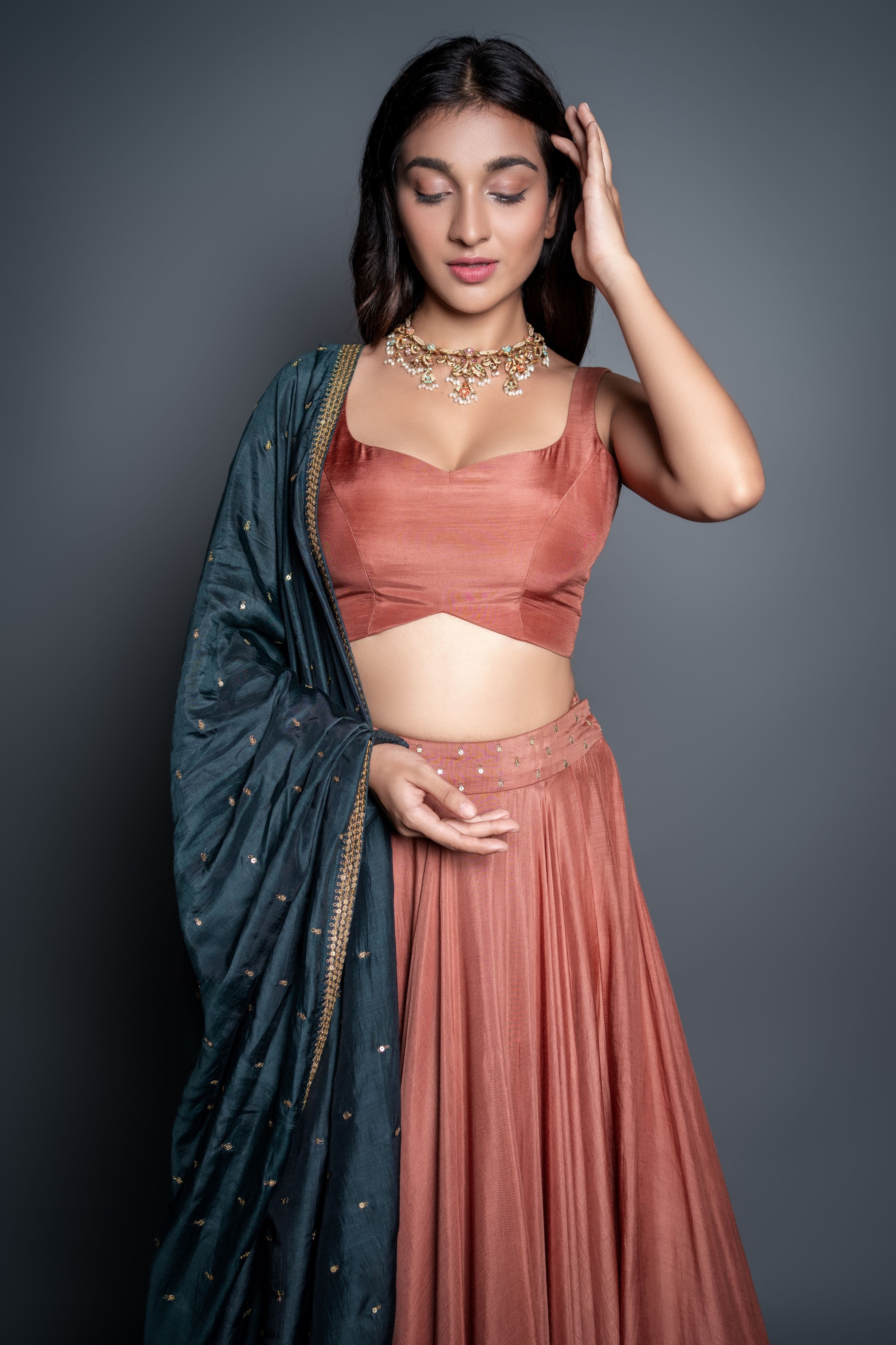 Bronze & Bottle Green Zari Lehenga Set