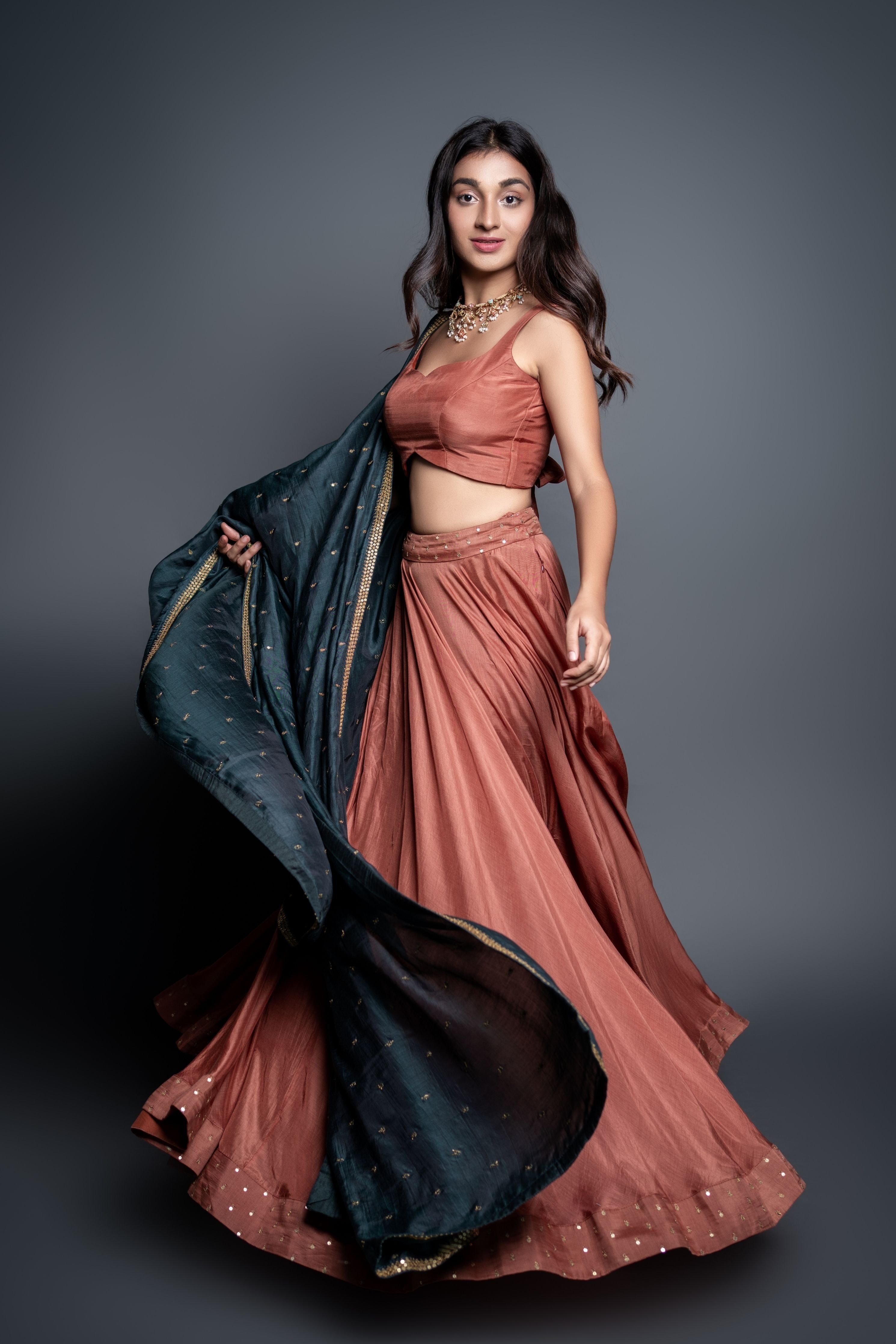 Bronze & Bottle Green Zari Lehenga Set
