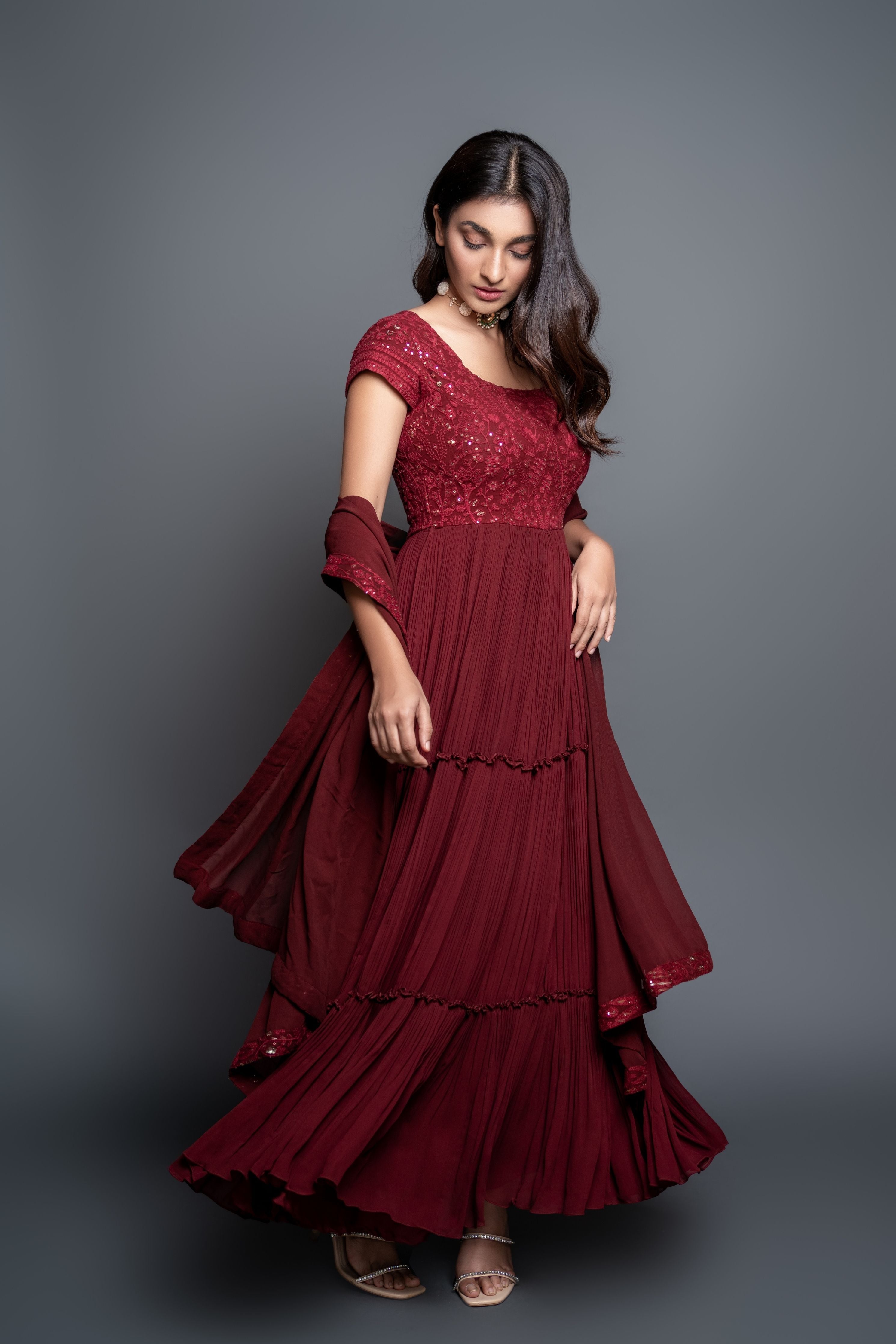 Red Chikankari Pleated Dress Set