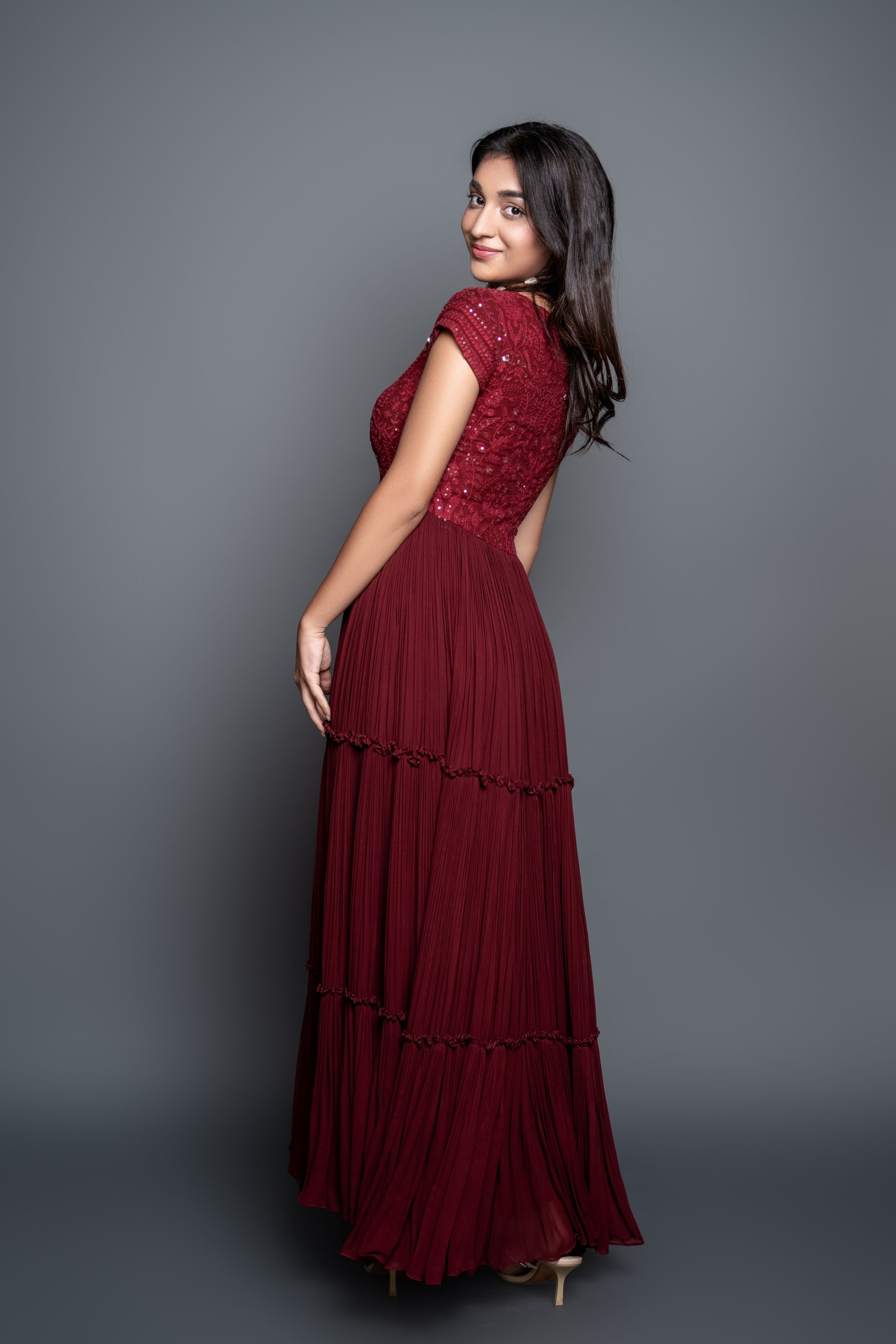 Red Chikankari Pleated Dress Set
