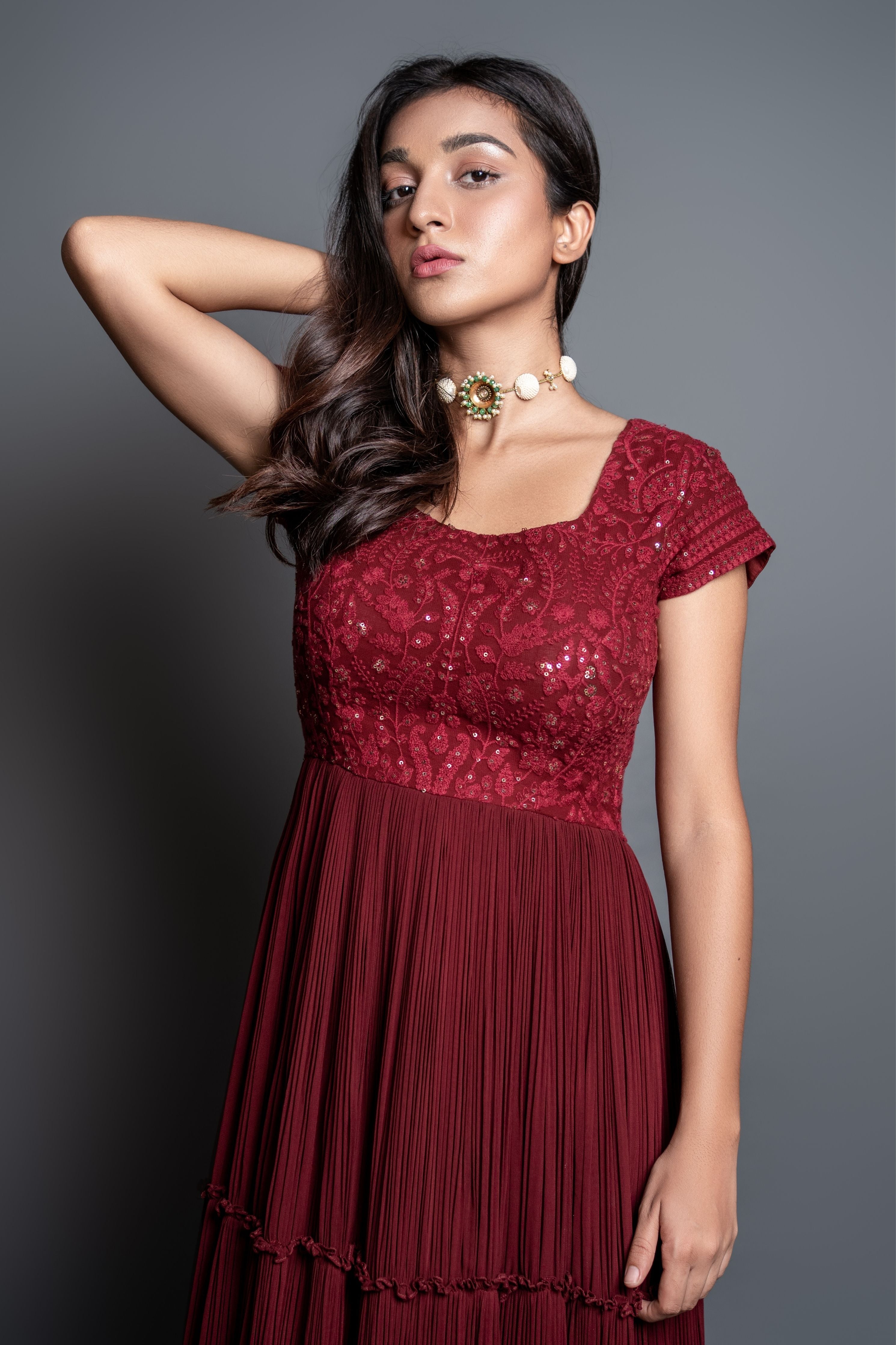 Red Chikankari Pleated Dress Set