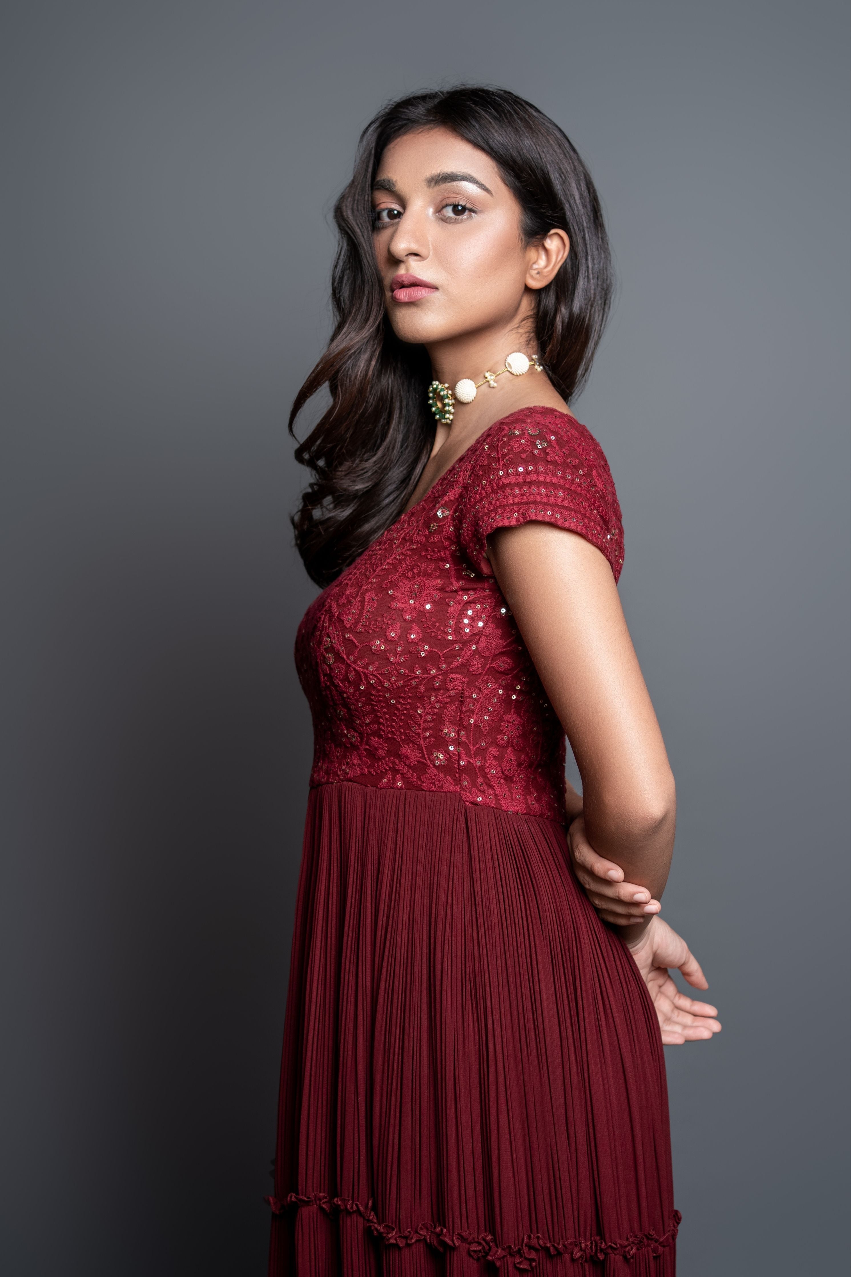 Red Chikankari Pleated Dress Set