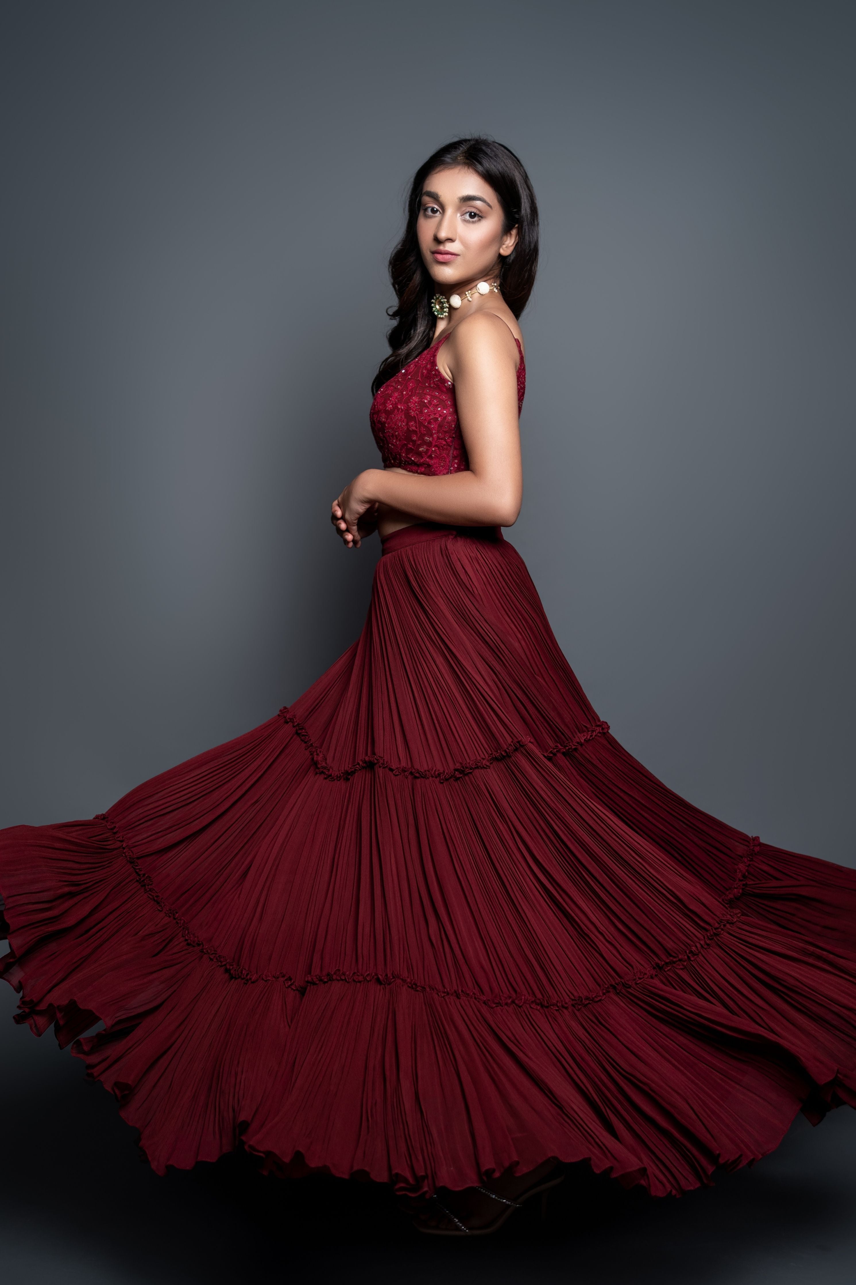 Red Chikankari Crop Top & Skirt