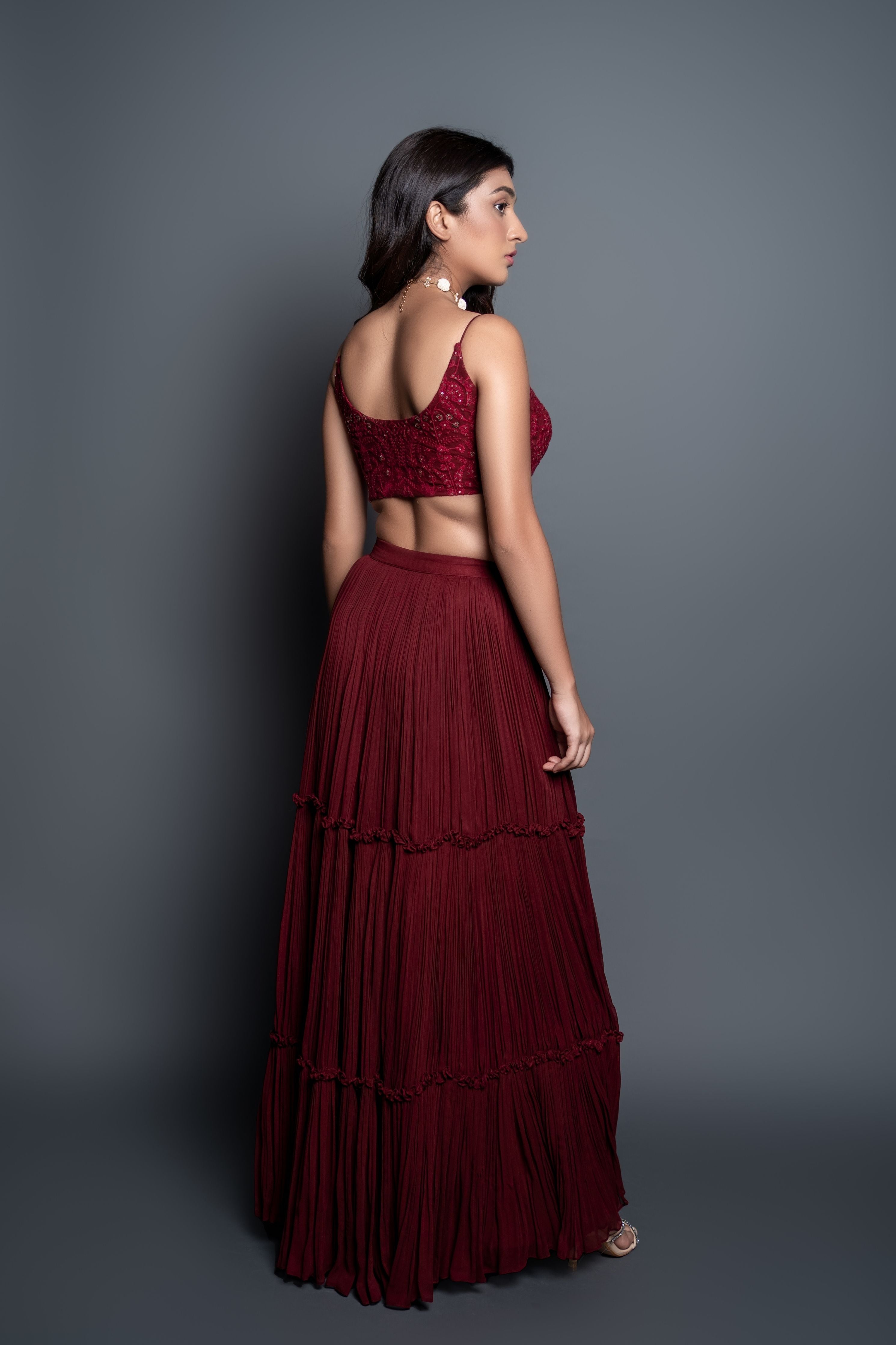Red Chikankari Crop Top & Skirt