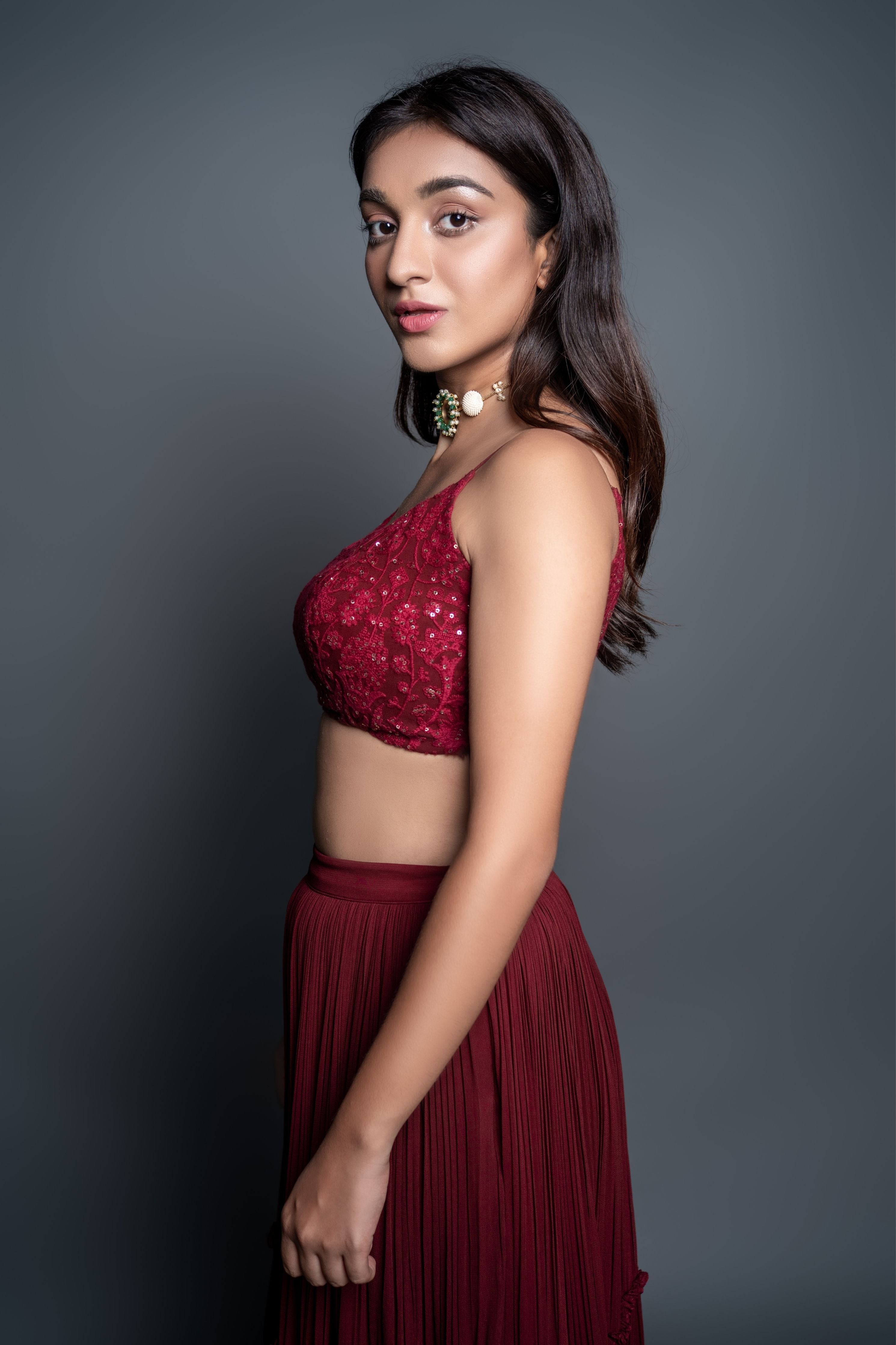 Red Chikankari Crop Top & Skirt