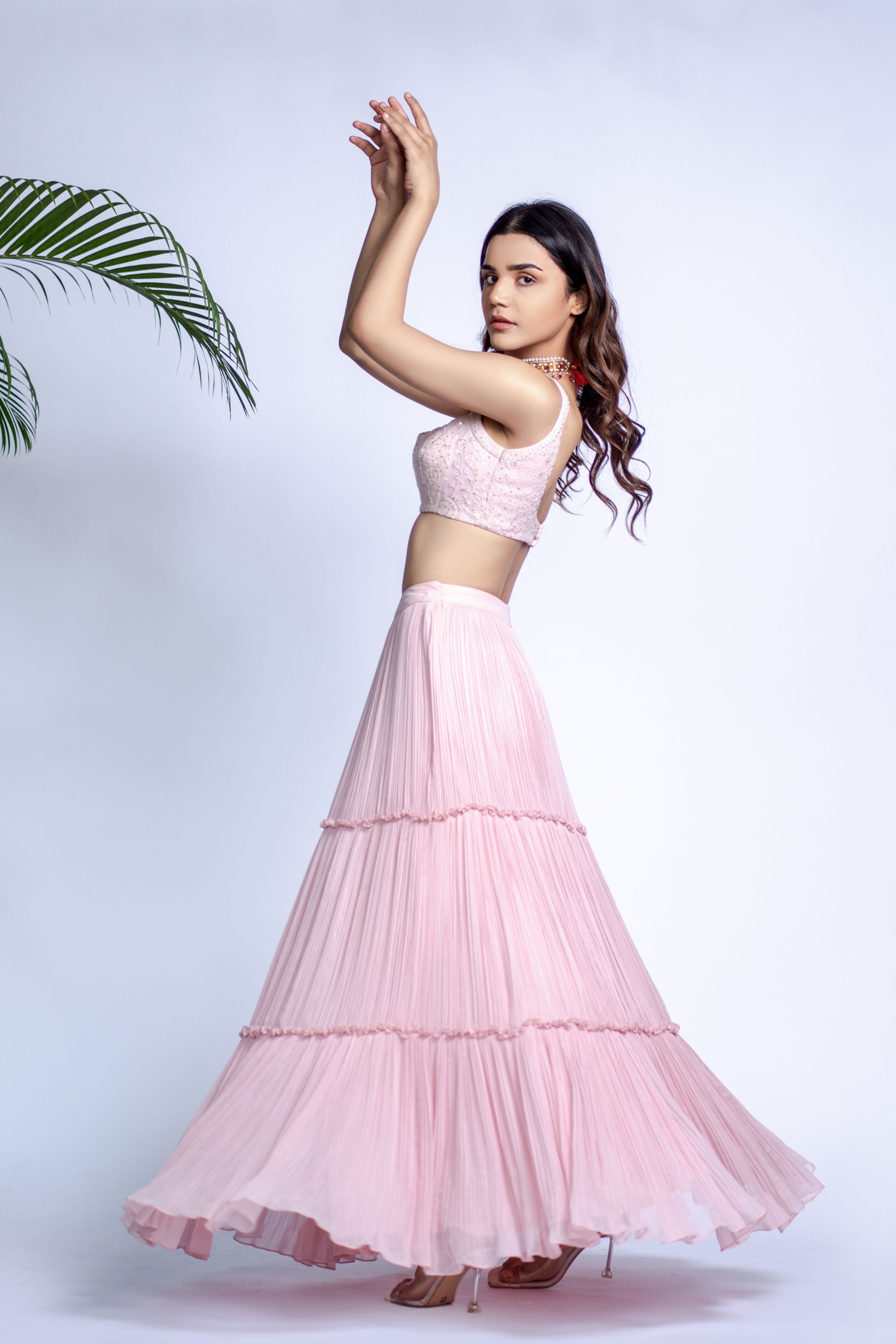 Pink Chikankari Pleated Lehenga Set