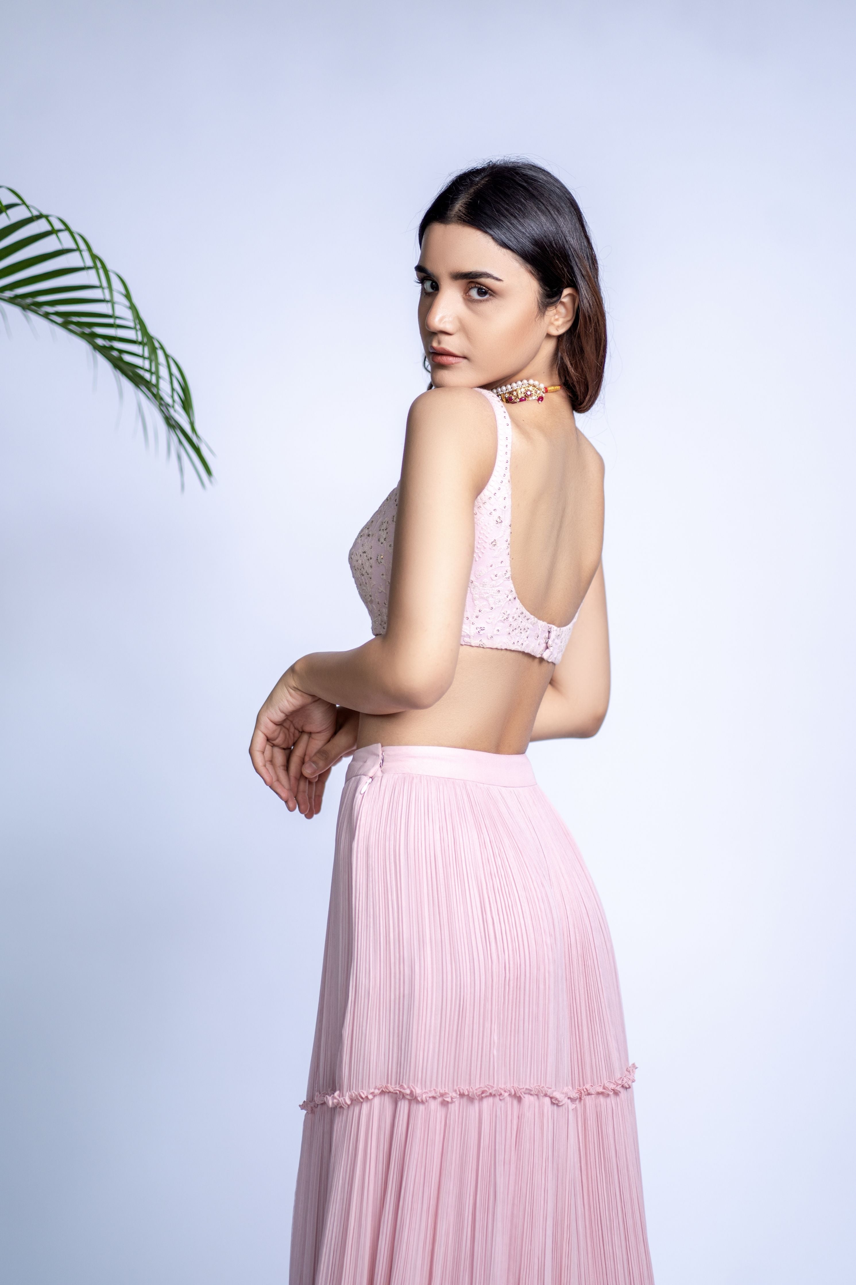 Pink Chikankari Pleated Lehenga Set