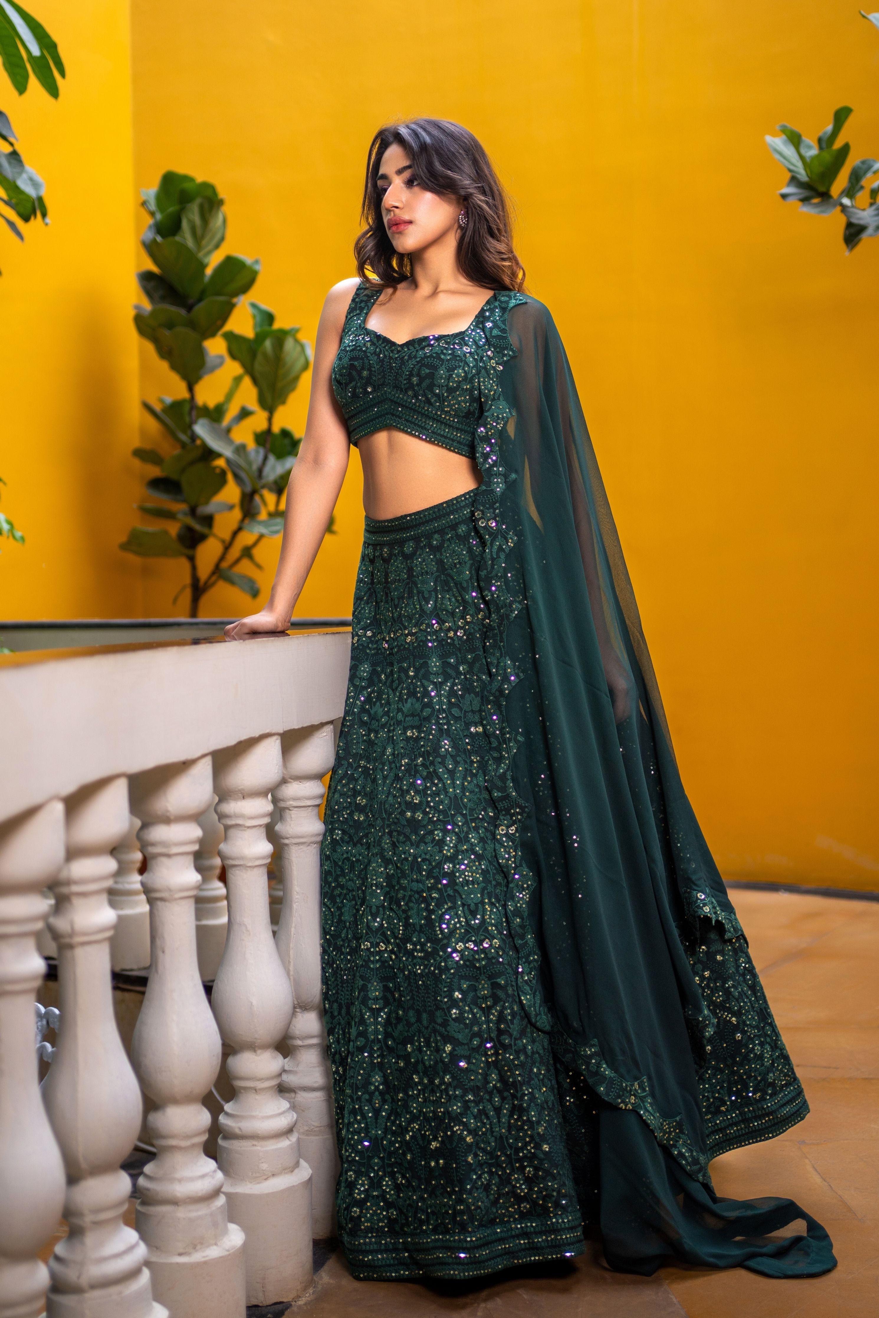 Bottle Green Chikankari Embroidered Lehenga Set