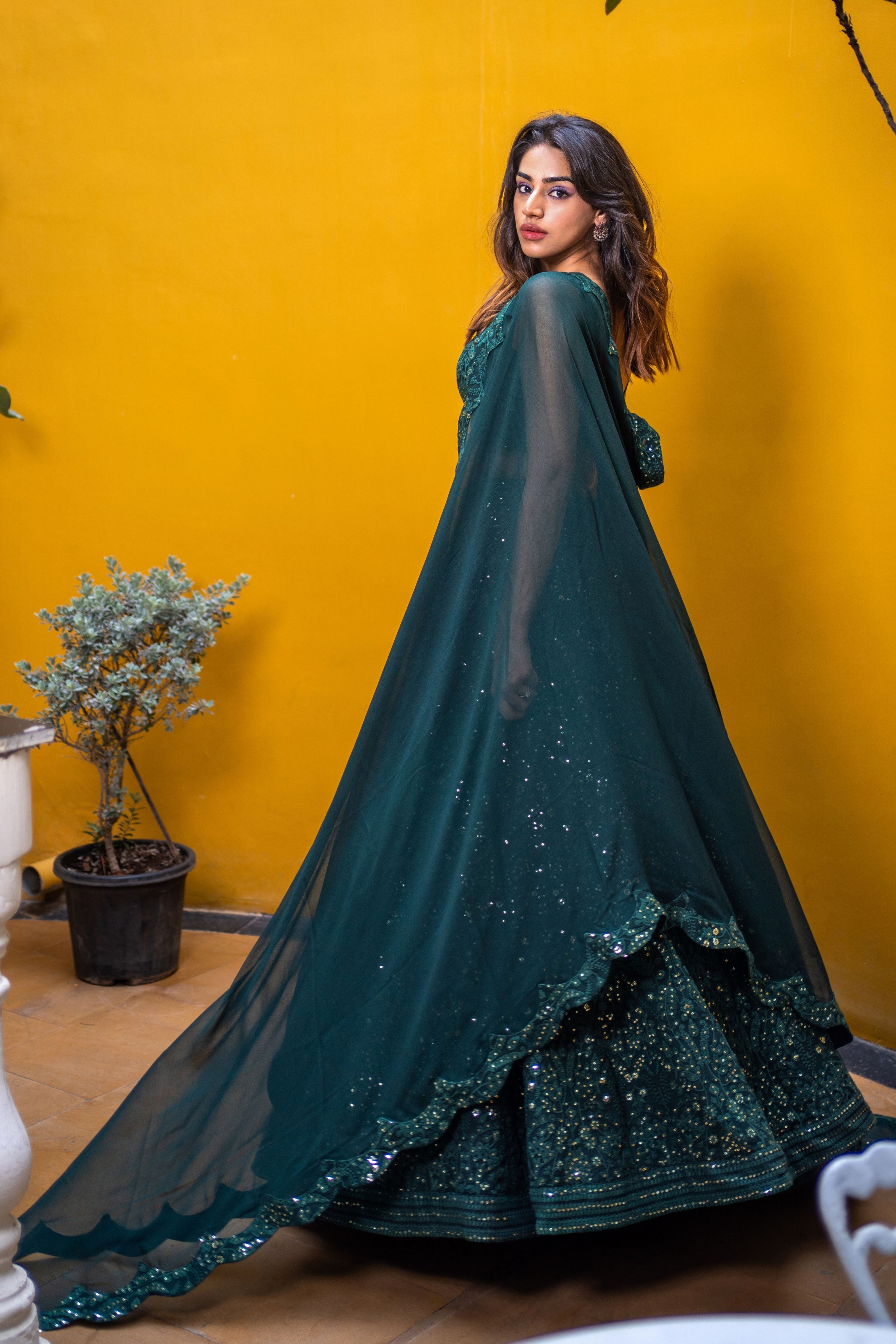 Bottle Green Chikankari Embroidered Lehenga Set