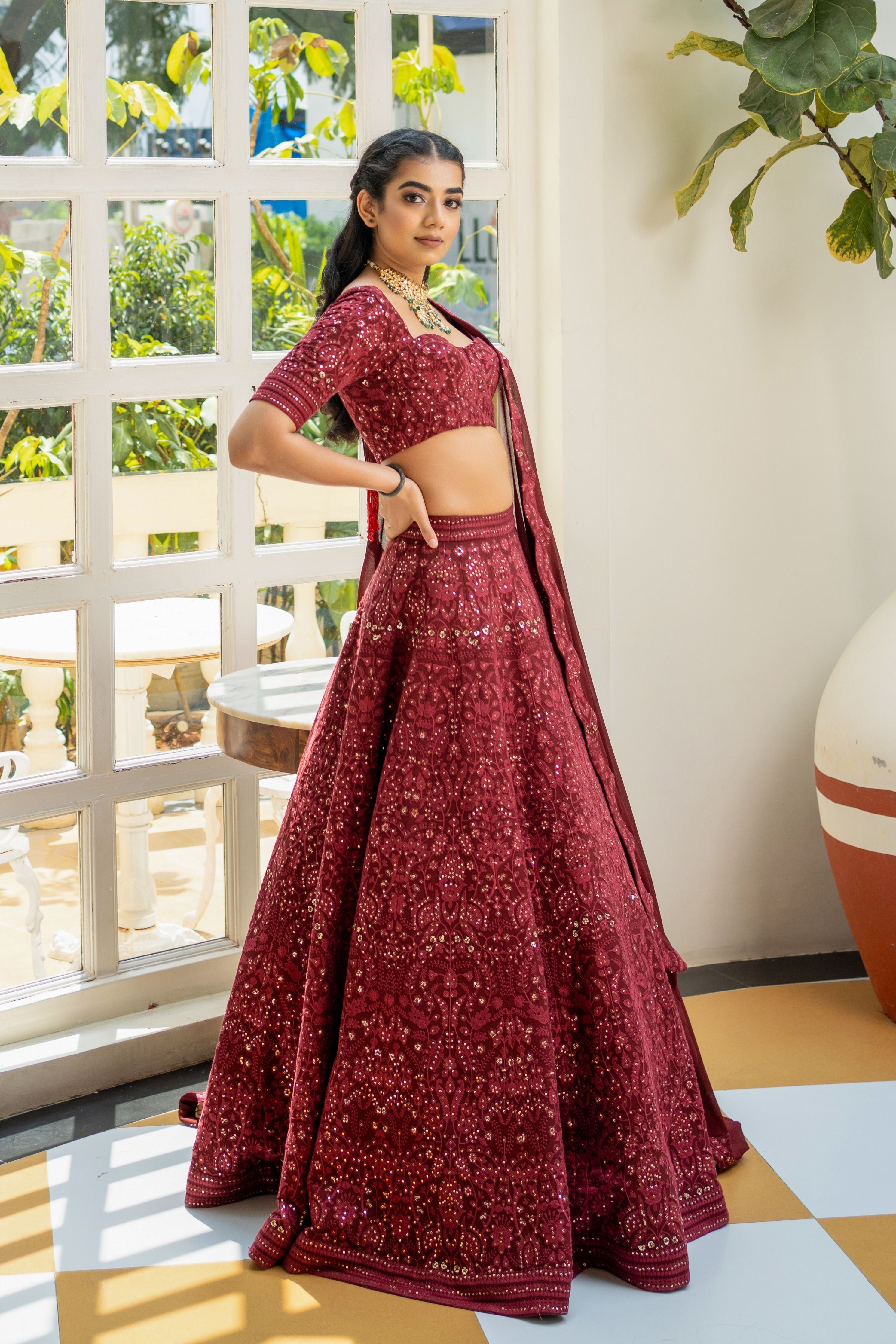 Maroon Chikankari  Embroidered Lehenga Set