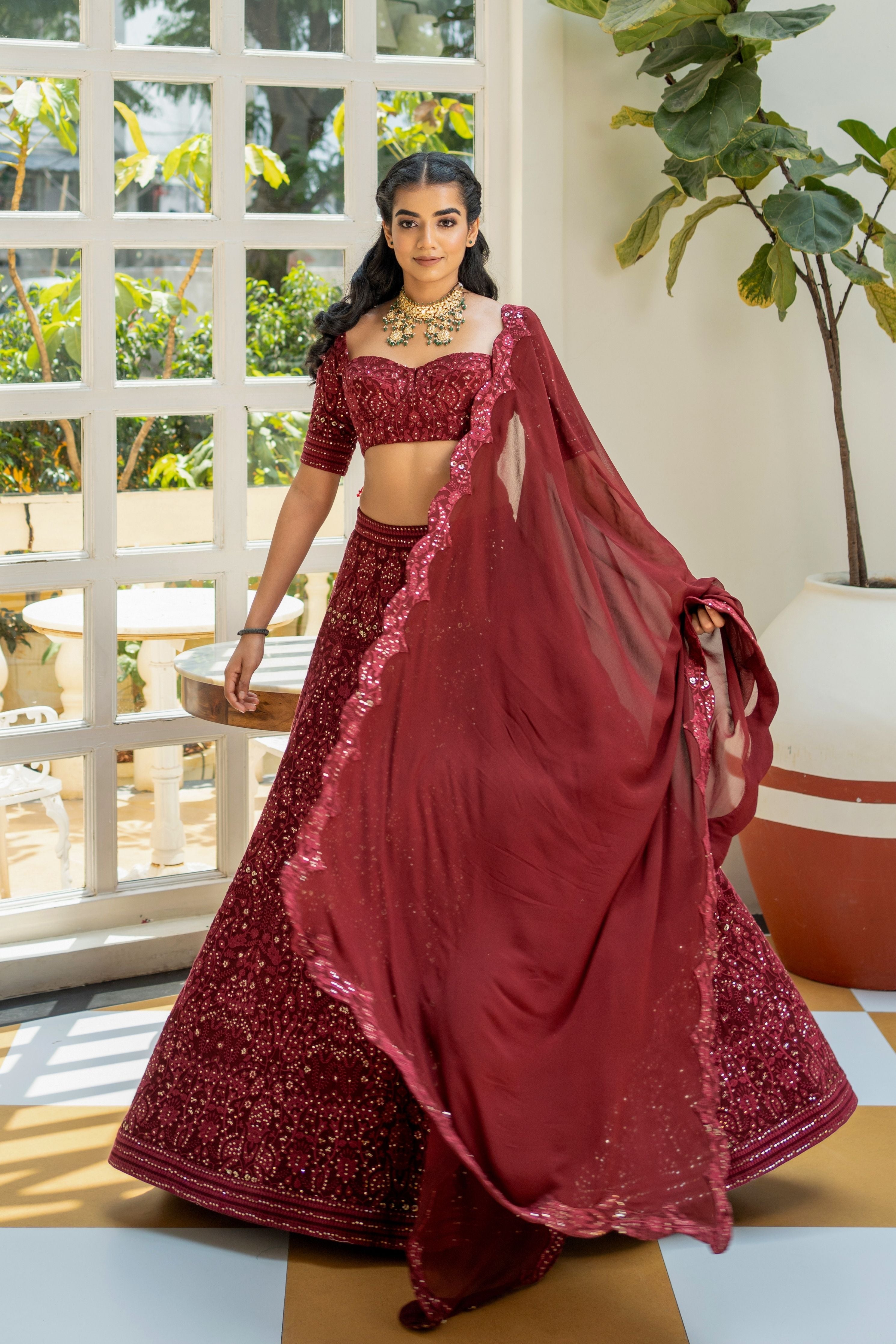 Maroon Chikankari  Embroidered Lehenga Set