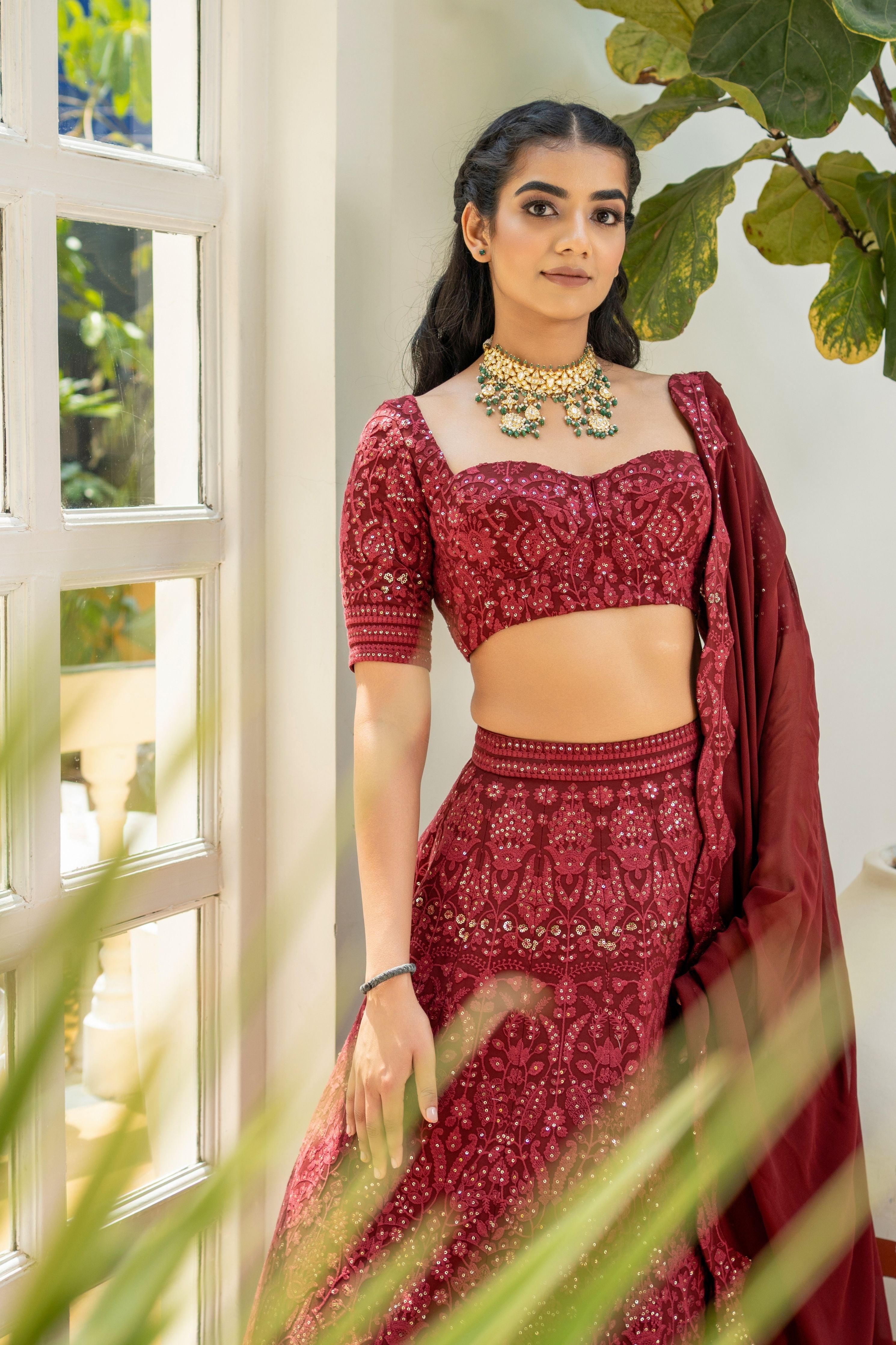 Maroon Chikankari  Embroidered Lehenga Set