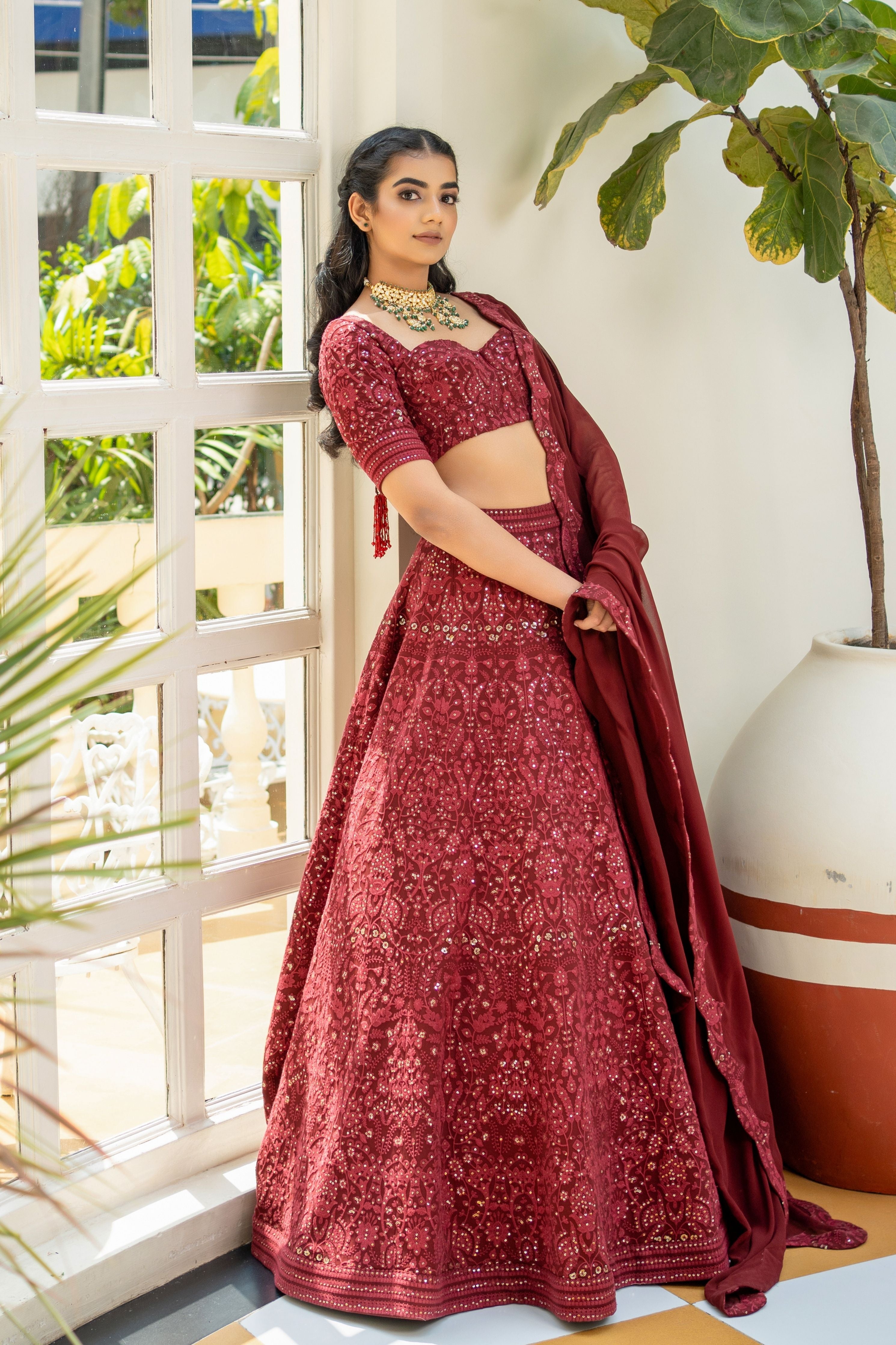 Maroon Chikankari  Embroidered Lehenga Set
