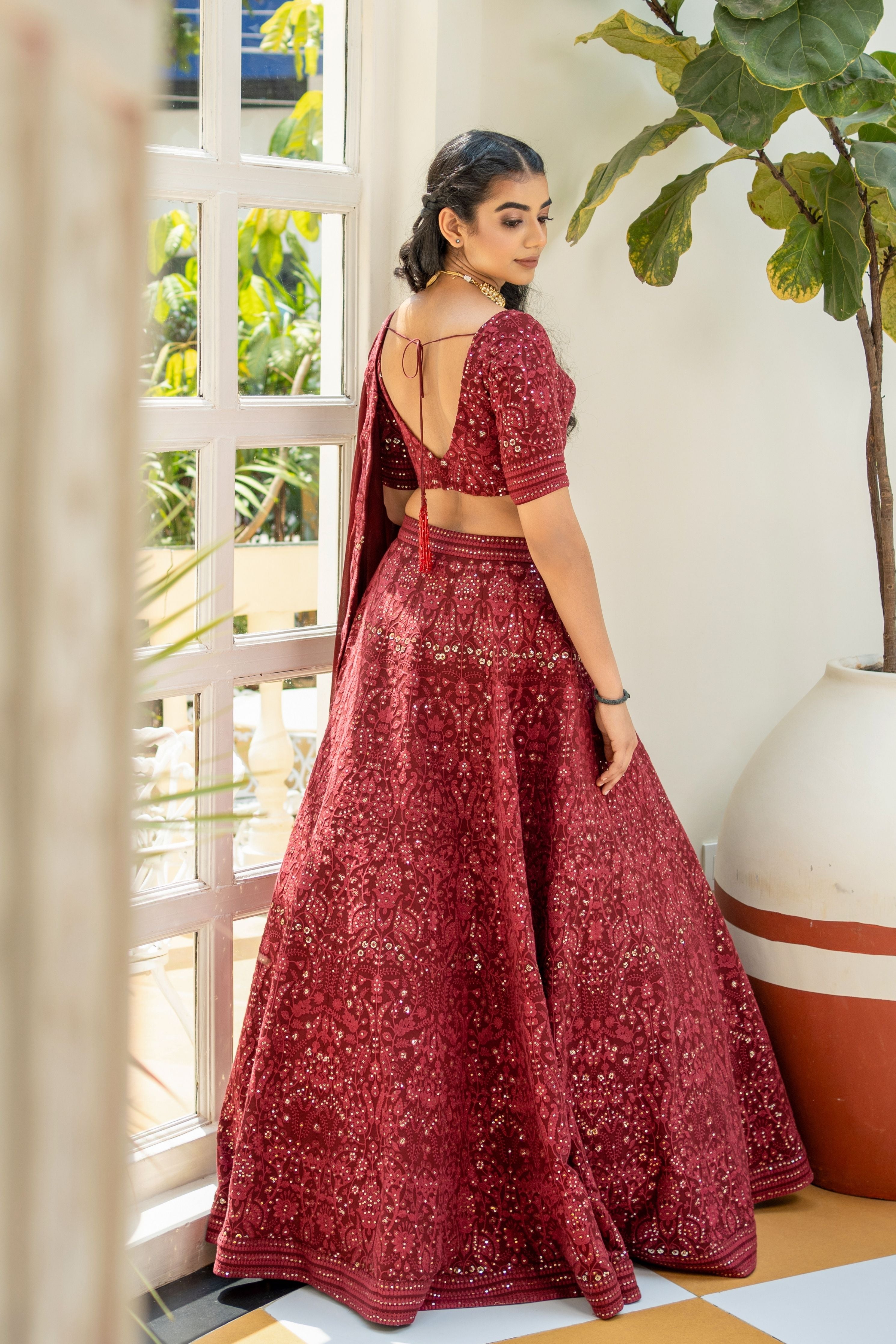 Maroon Chikankari  Embroidered Lehenga Set