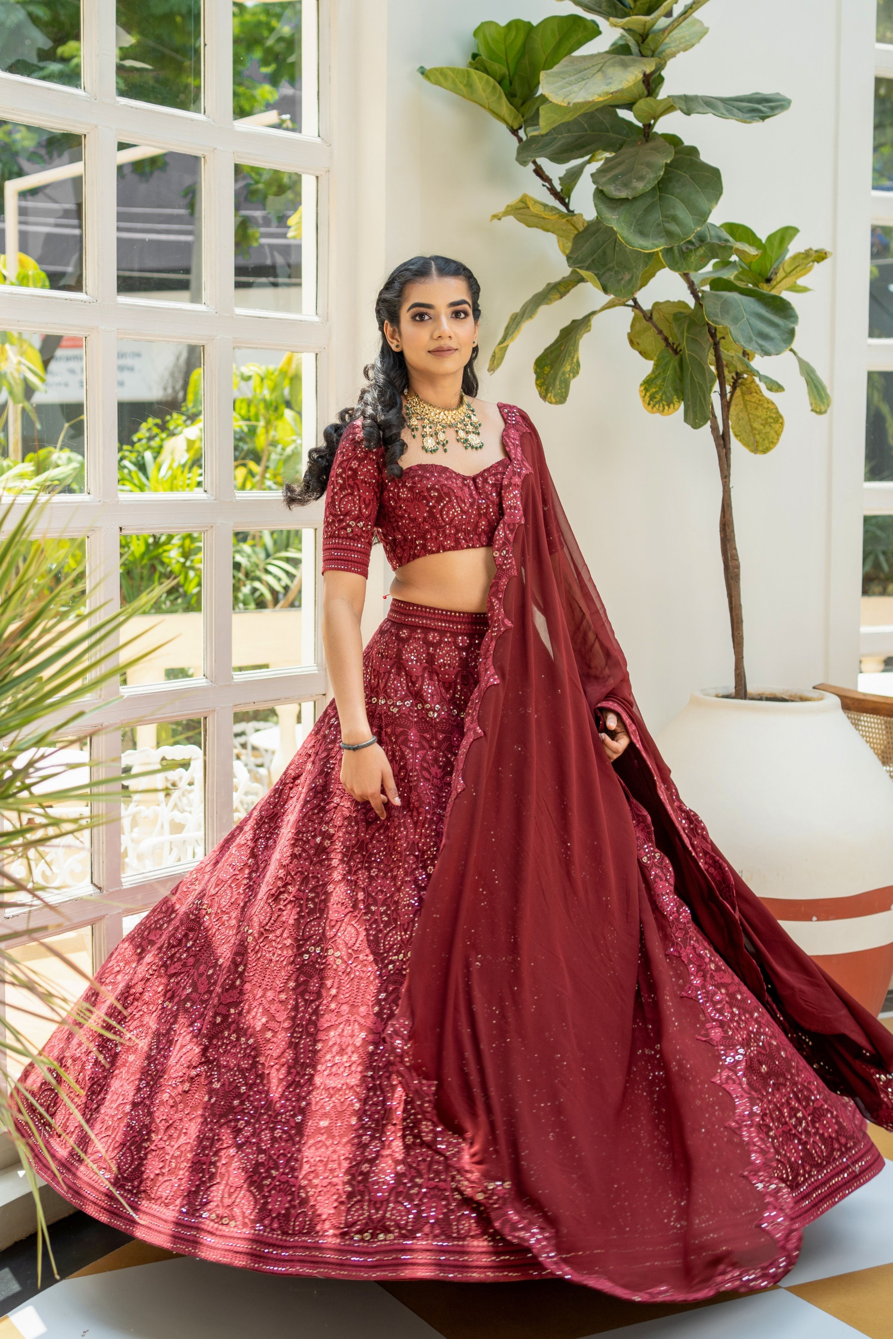 Maroon Chikankari  Embroidered Lehenga Set