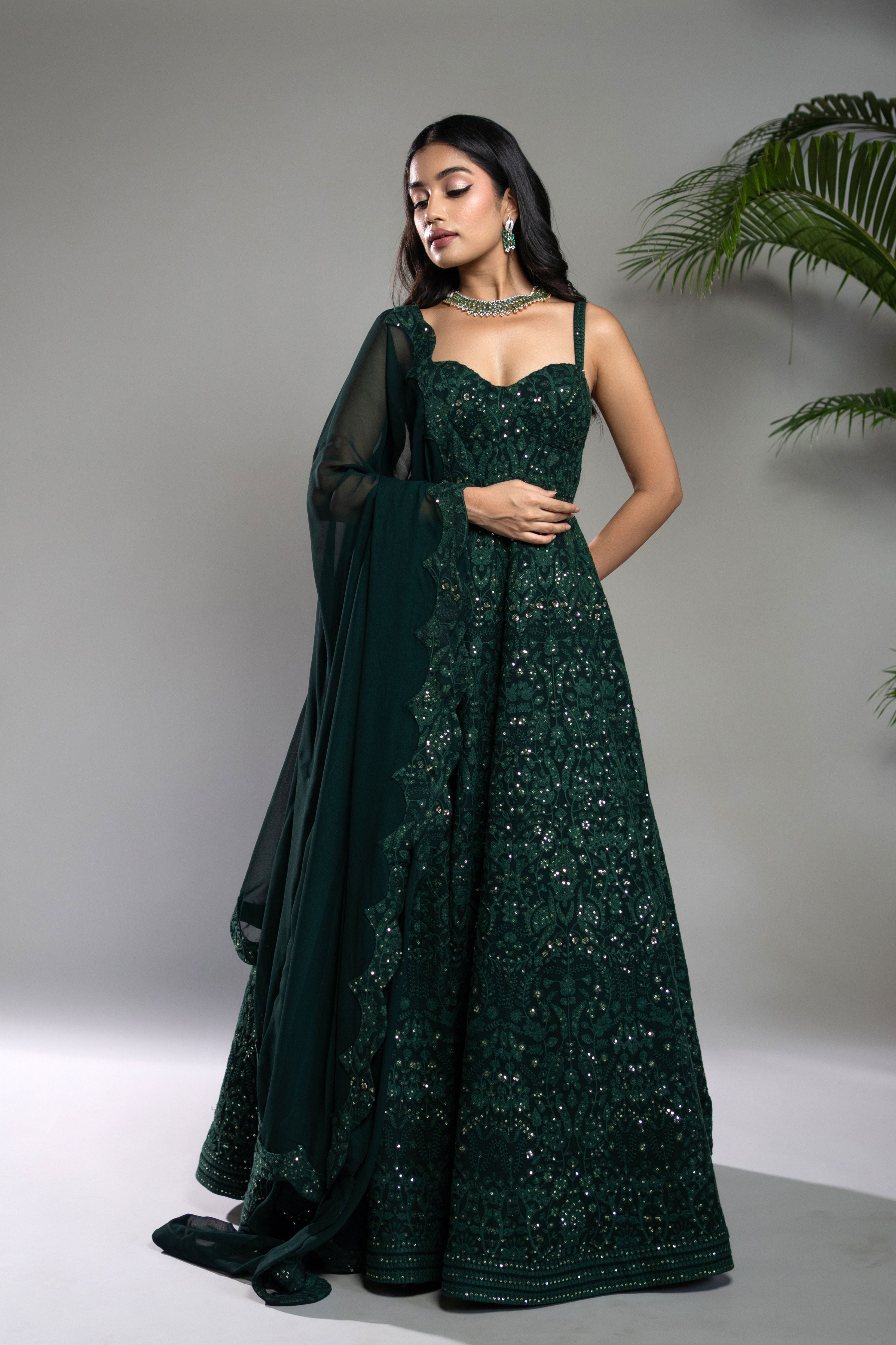 Bottle Green Chikankari Anarkali Set