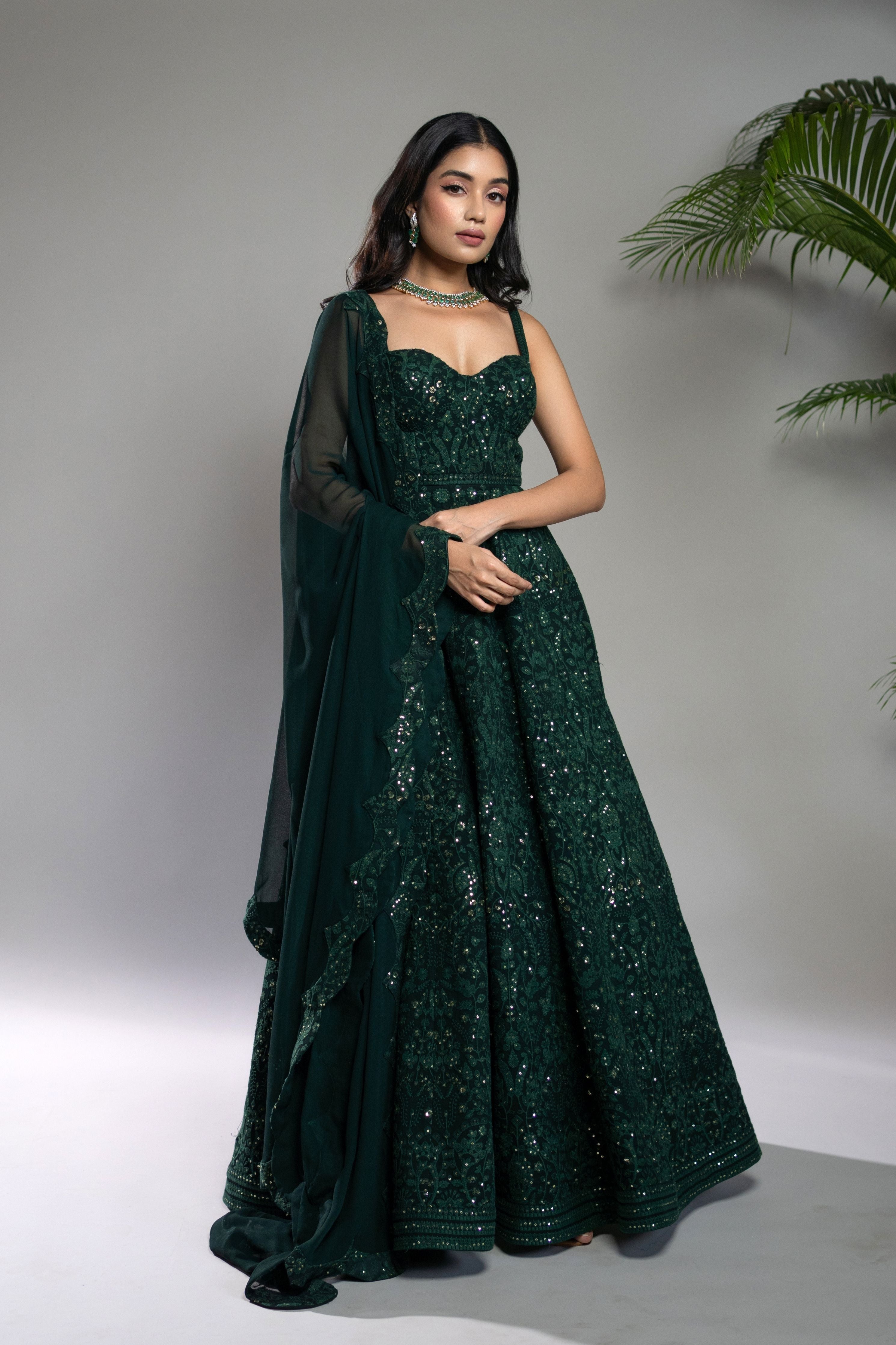 Bottle Green Chikankari Anarkali Set