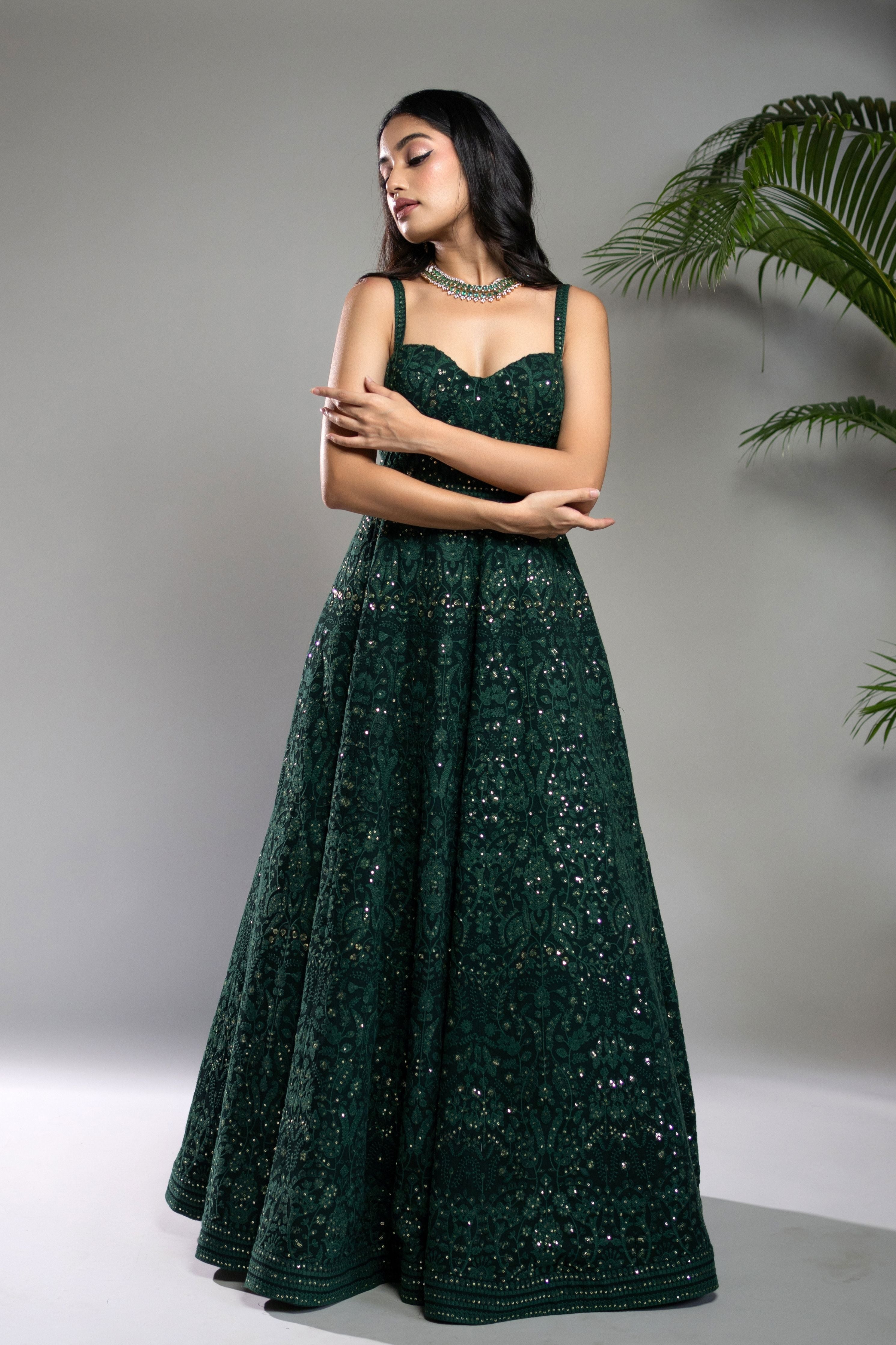 Bottle Green Chikankari Anarkali Dress