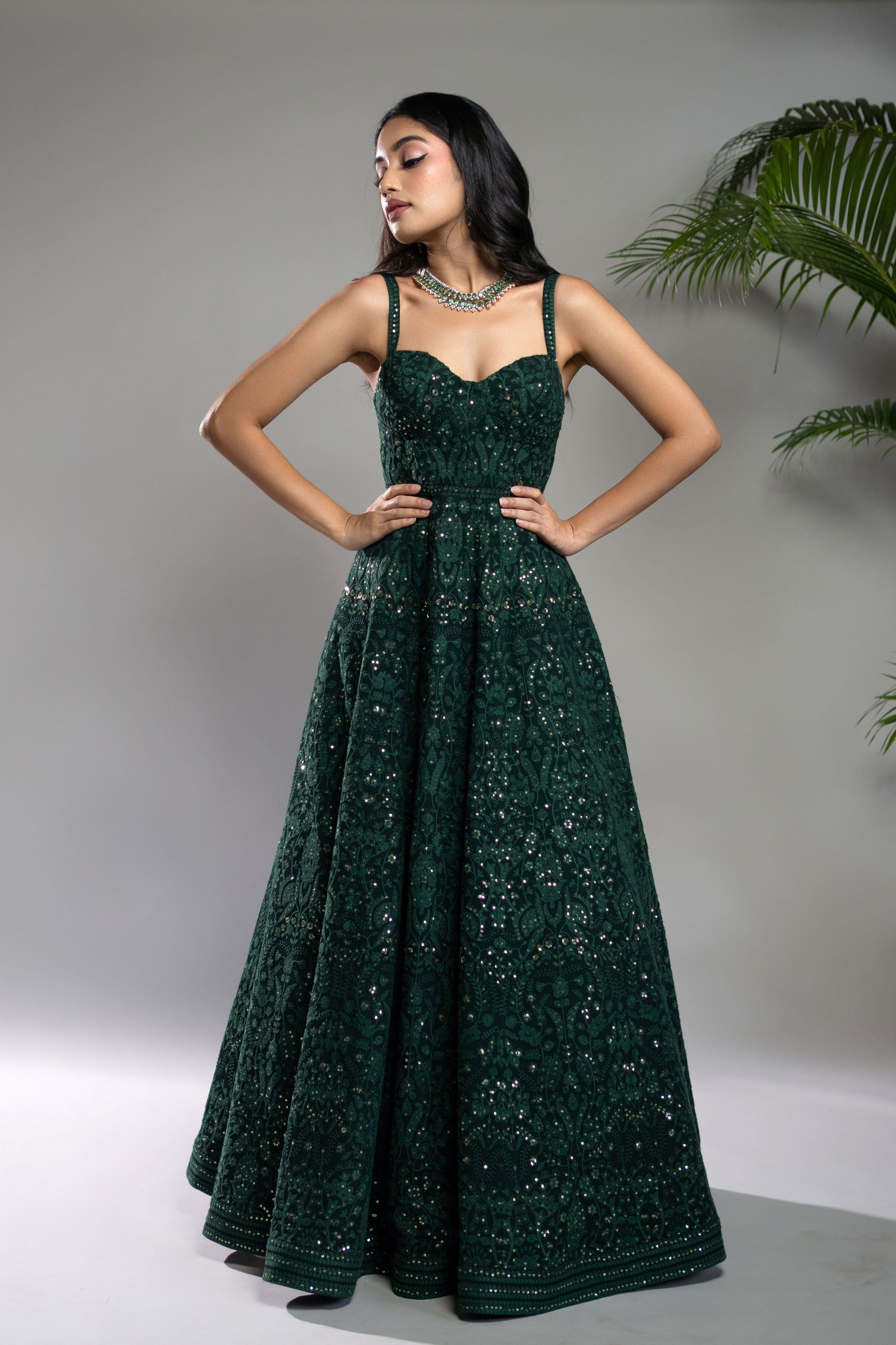 Bottle Green Chikankari Anarkali Dress