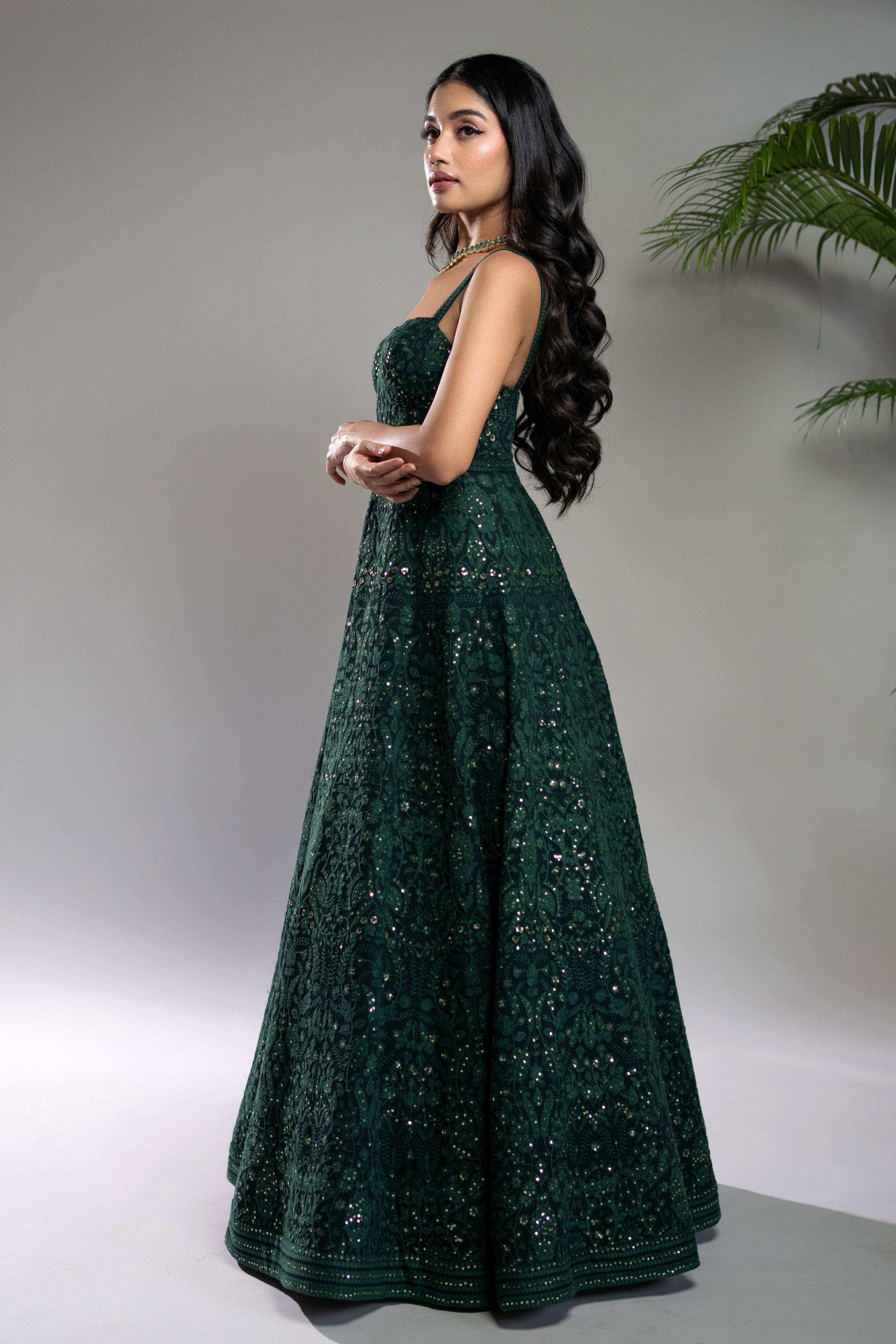 Bottle Green Chikankari Anarkali Dress