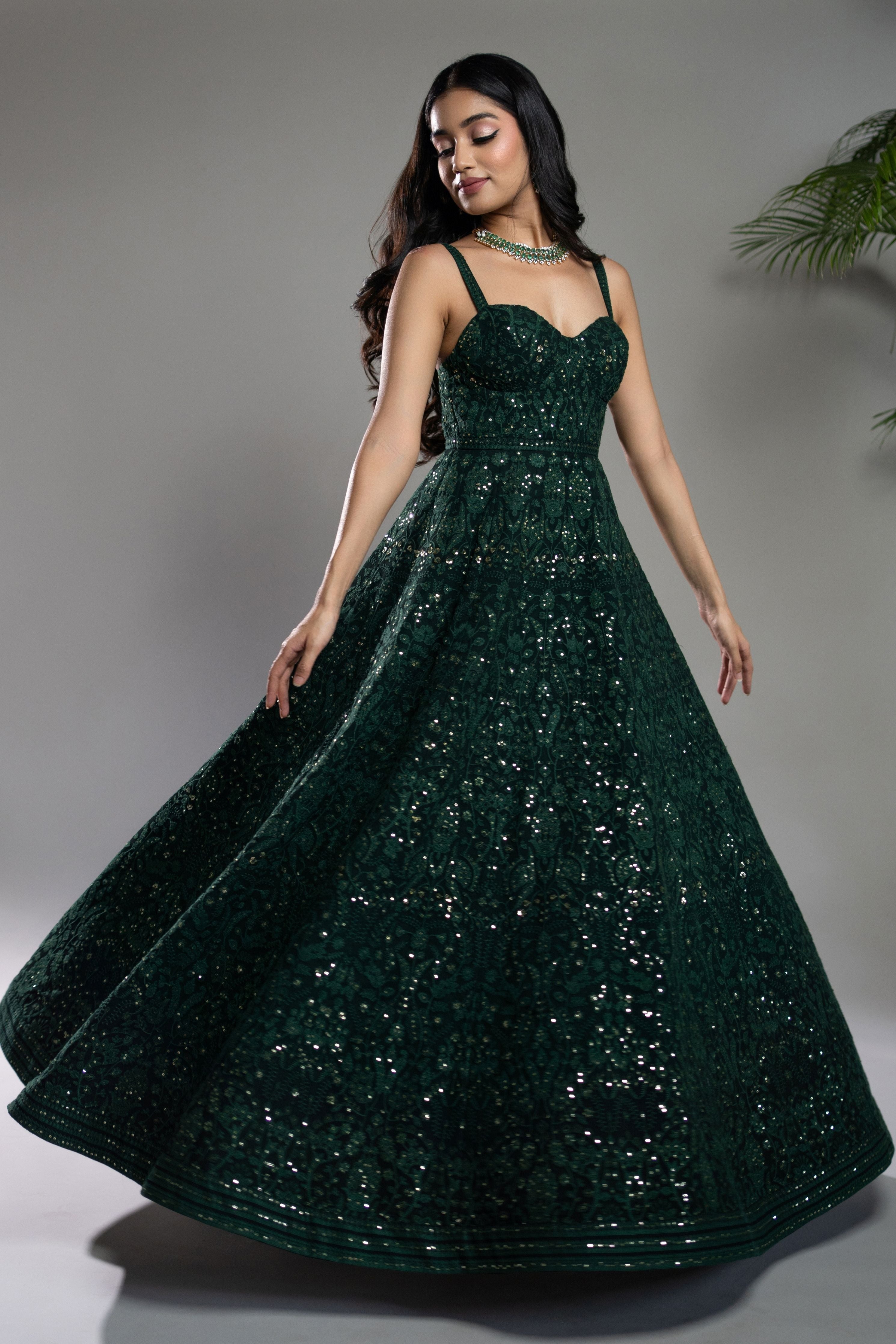 Bottle Green Chikankari Anarkali Dress