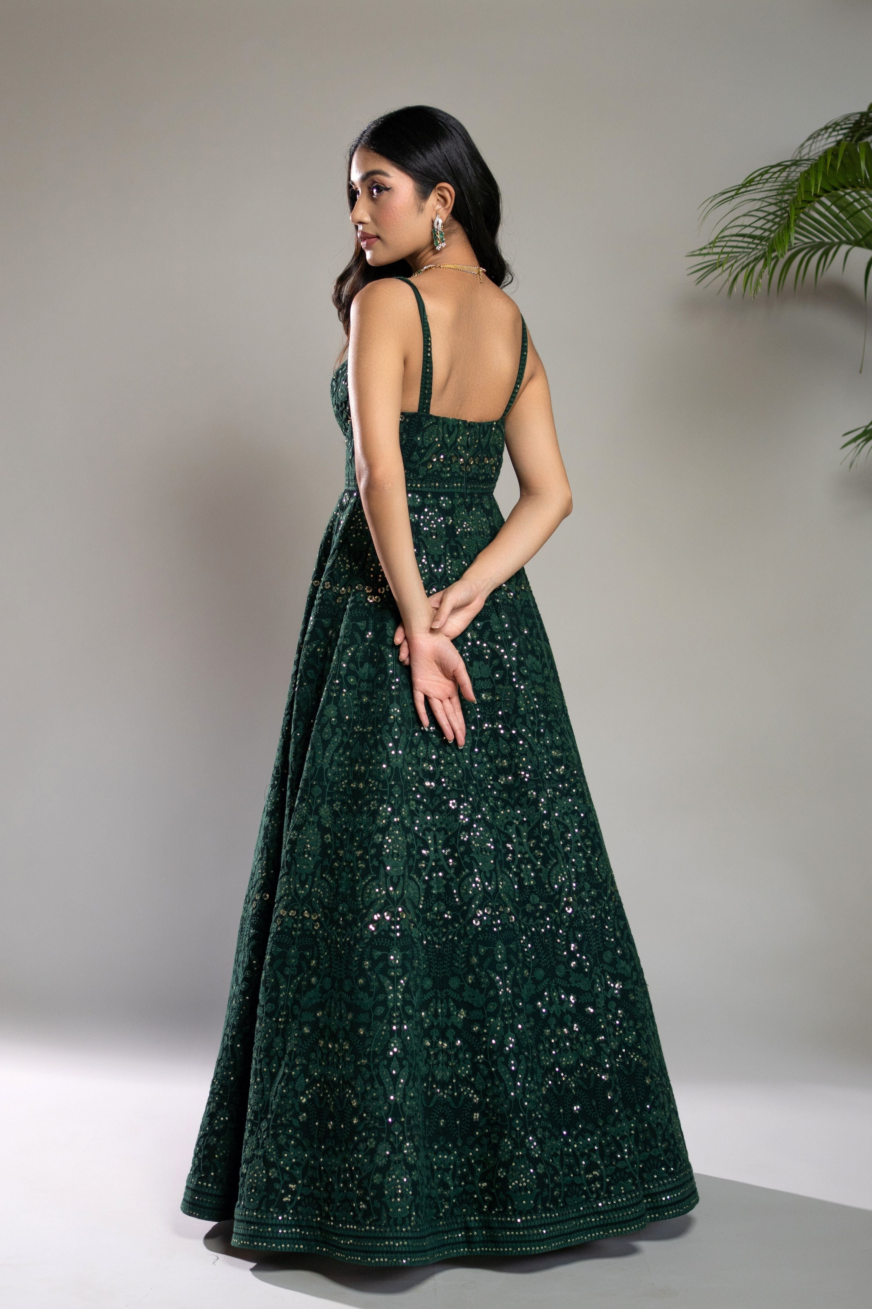 Bottle Green Chikankari Anarkali Dress