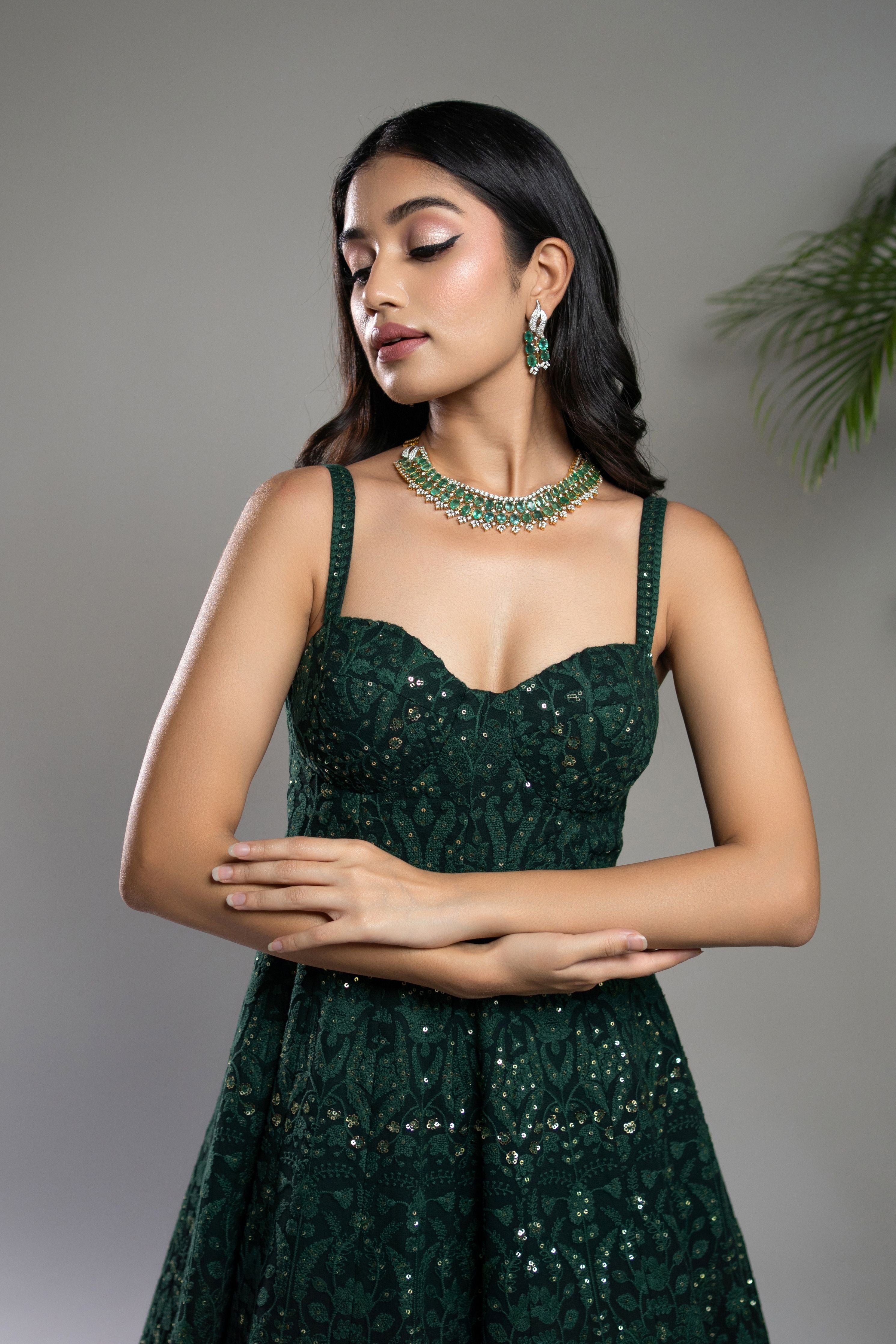 Bottle Green Chikankari Anarkali Dress