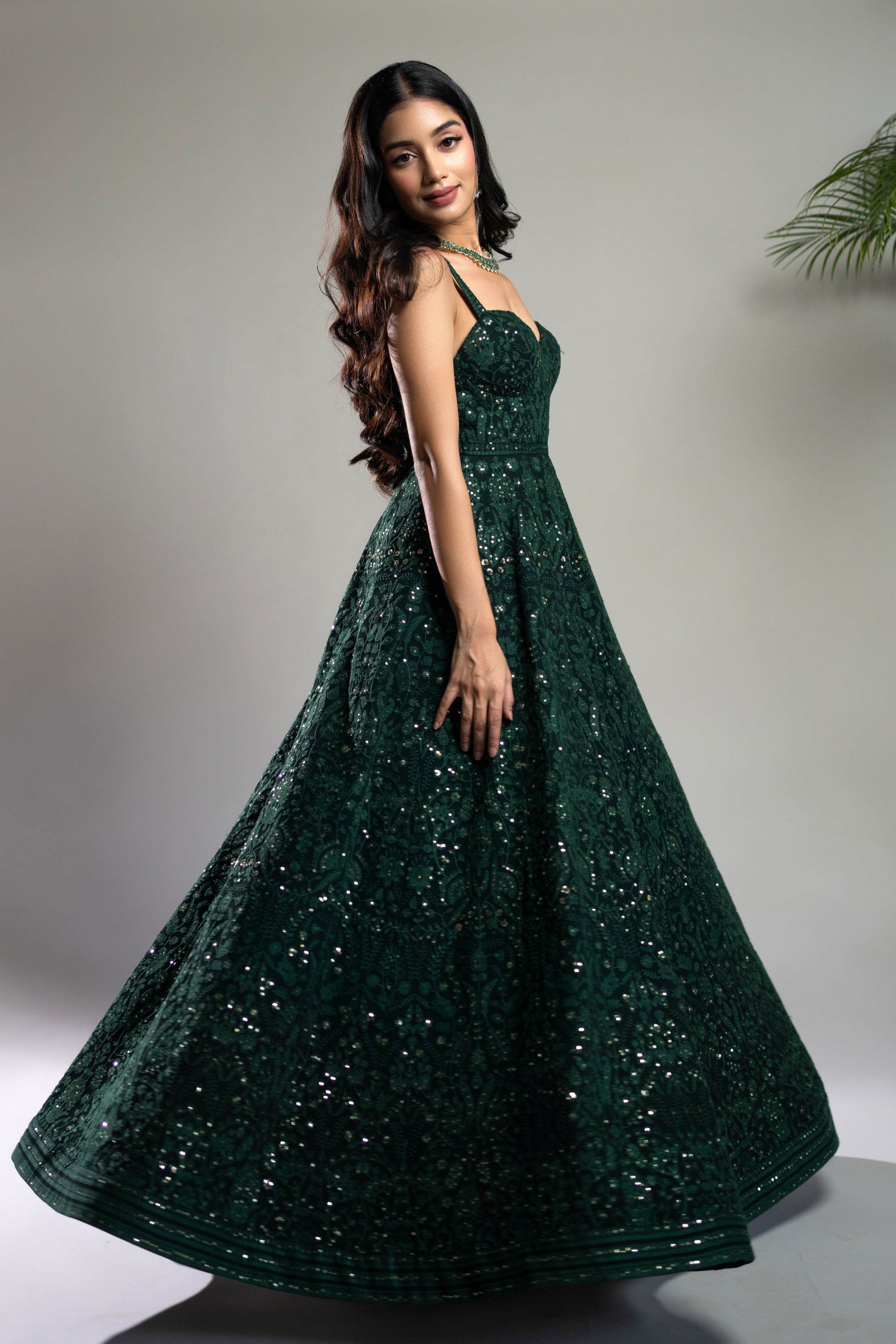 Bottle Green Chikankari Anarkali Dress
