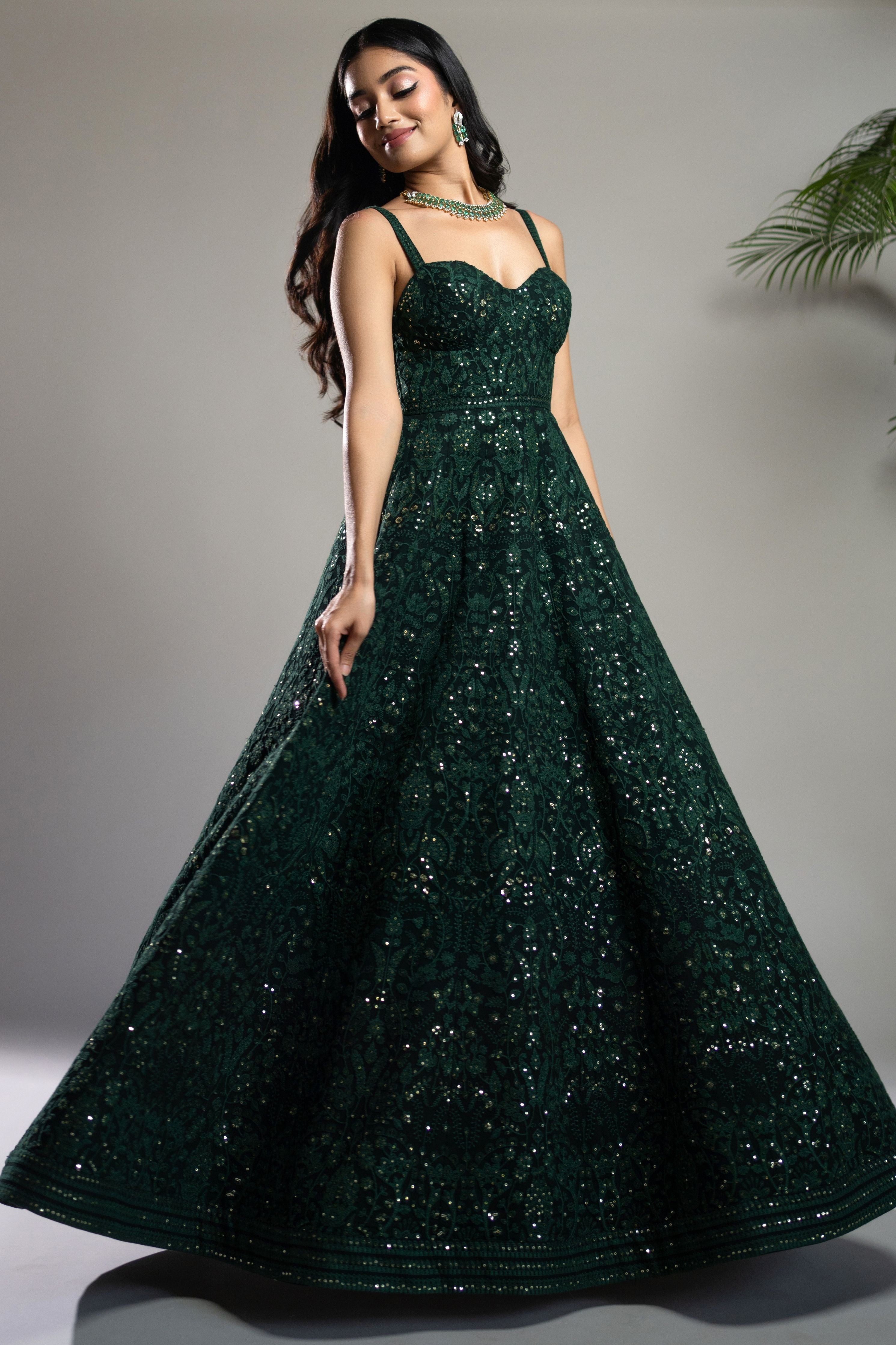 Bottle Green Chikankari Anarkali Dress