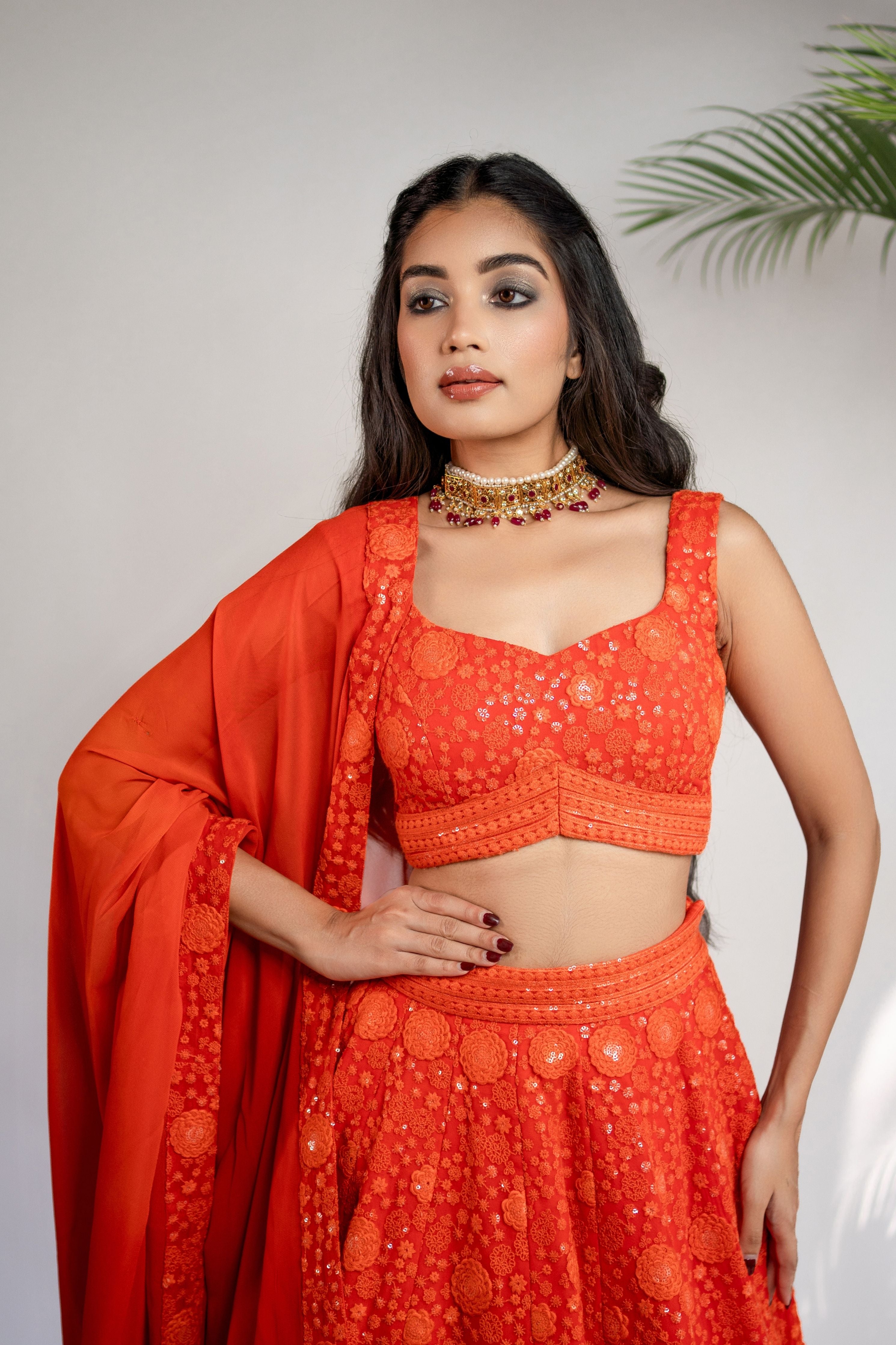 Rust Orange Chikankari Lehenga Set