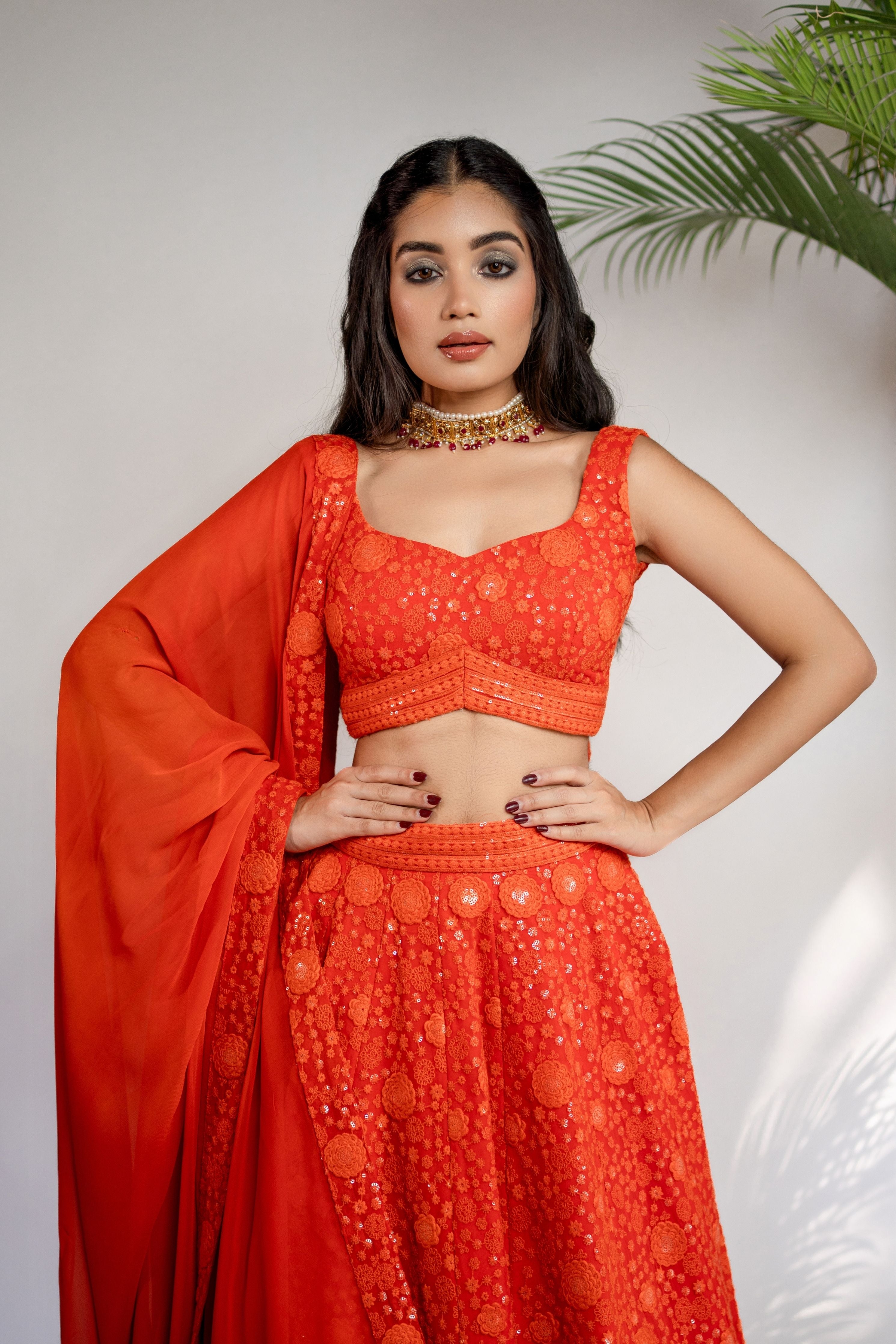 Rust Orange Chikankari Lehenga Set