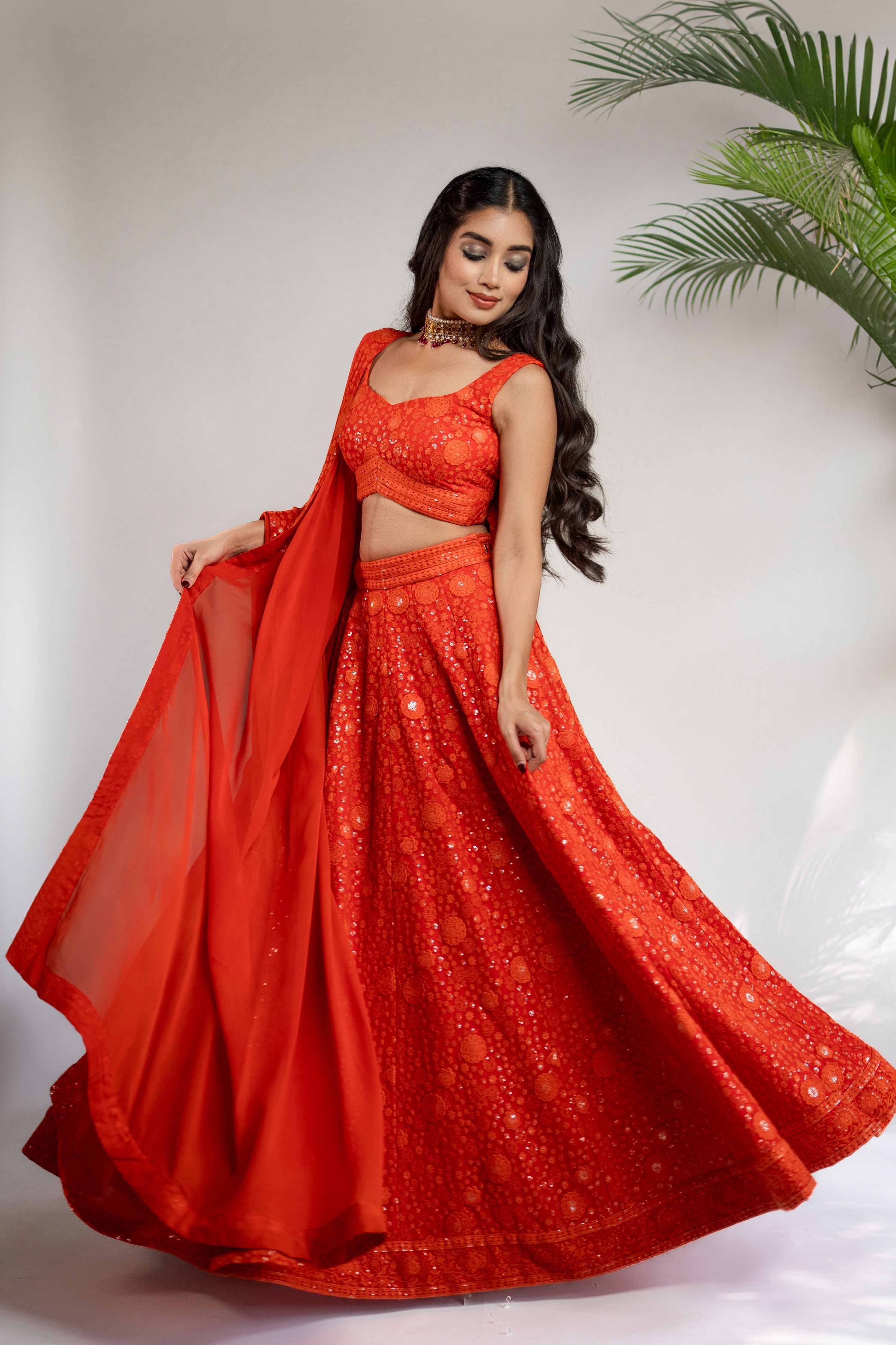 Rust Orange Chikankari Lehenga Set