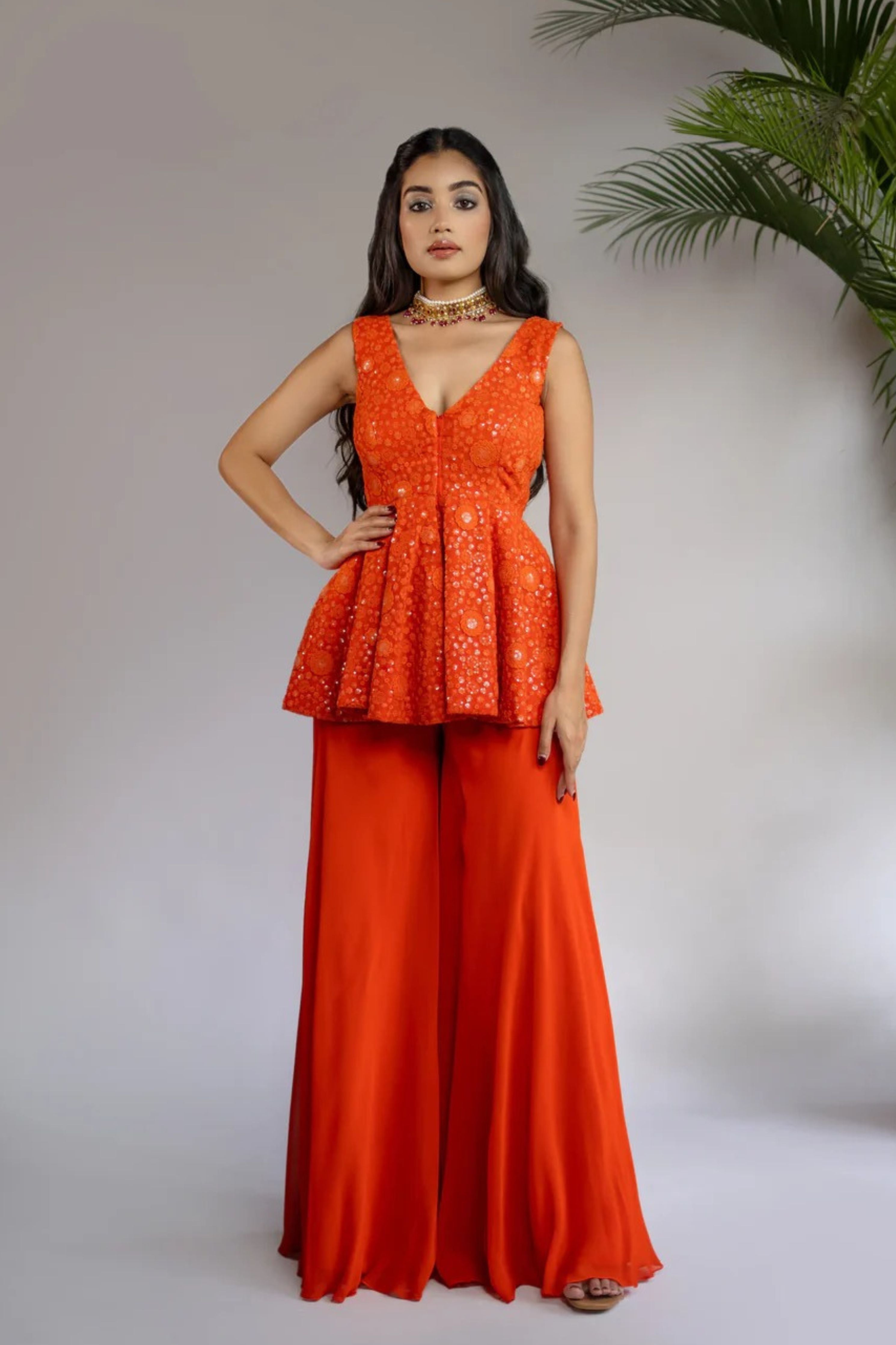 Rust Orange Chikankari Palazzo Set