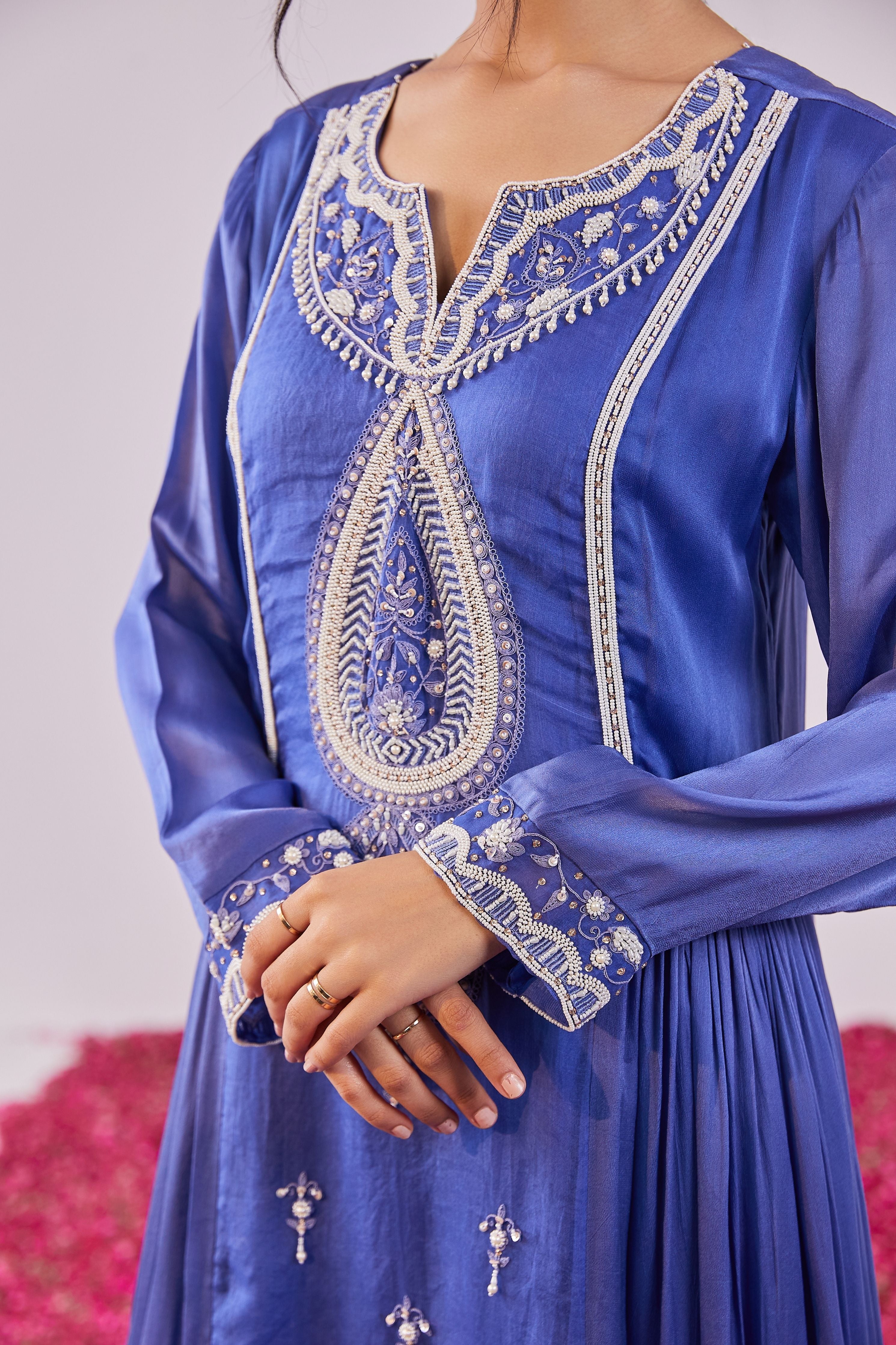 Pearl Work Kurta Set In Midnight
