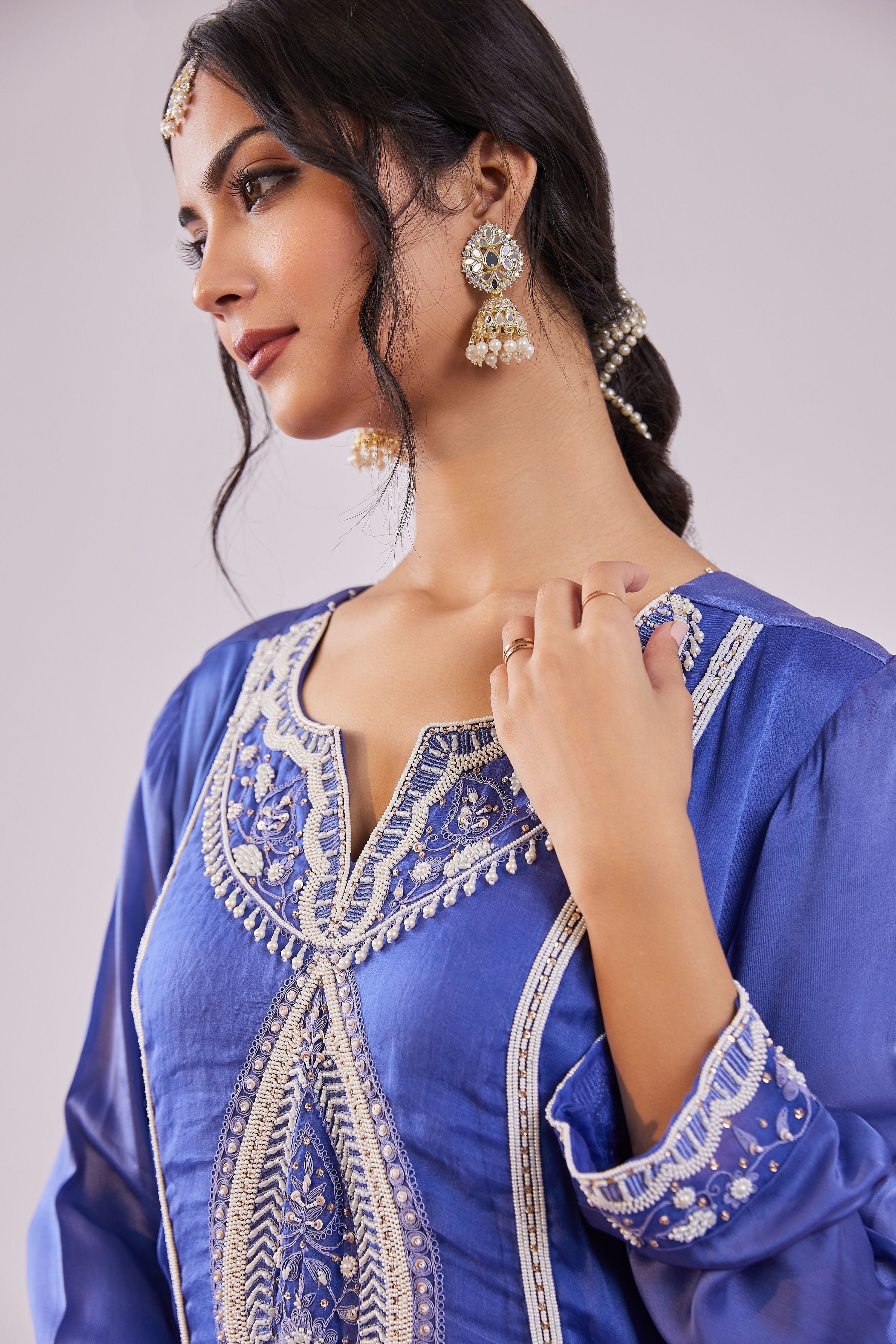 Pearl Work Kurta Set In Midnight