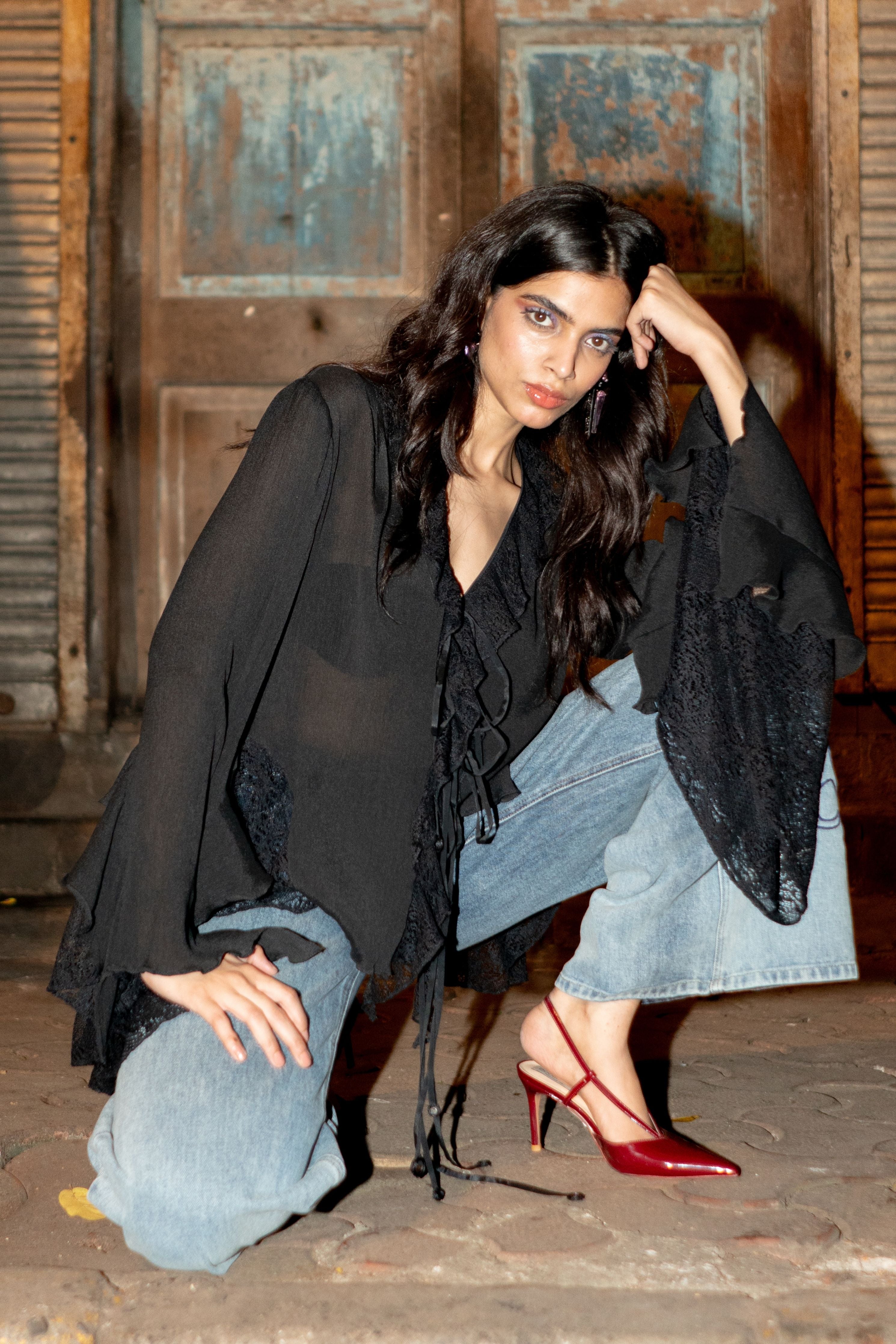 Midnight Ruffle Tie-Up Top