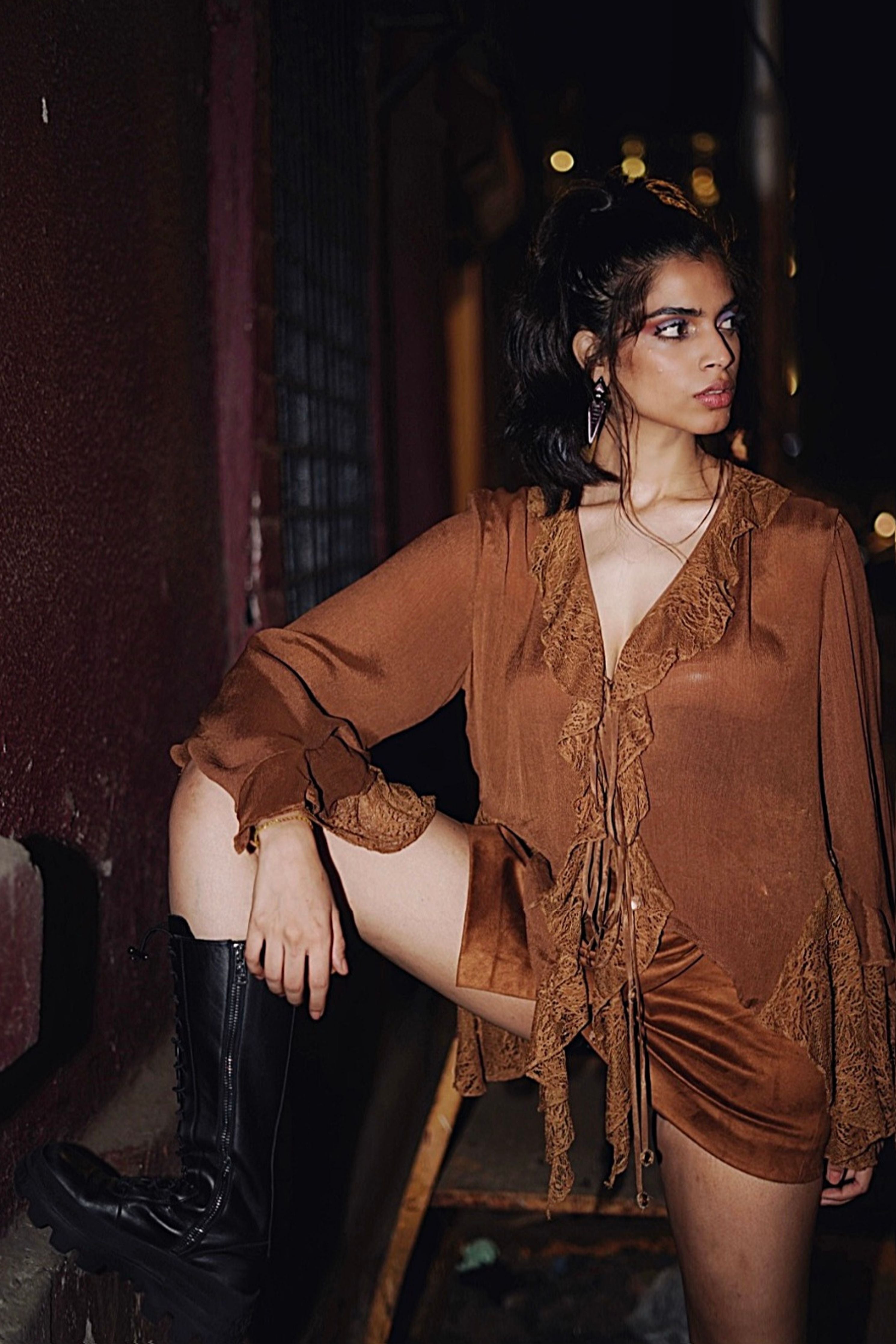 Tanned Ruffle Tie-Up Top
