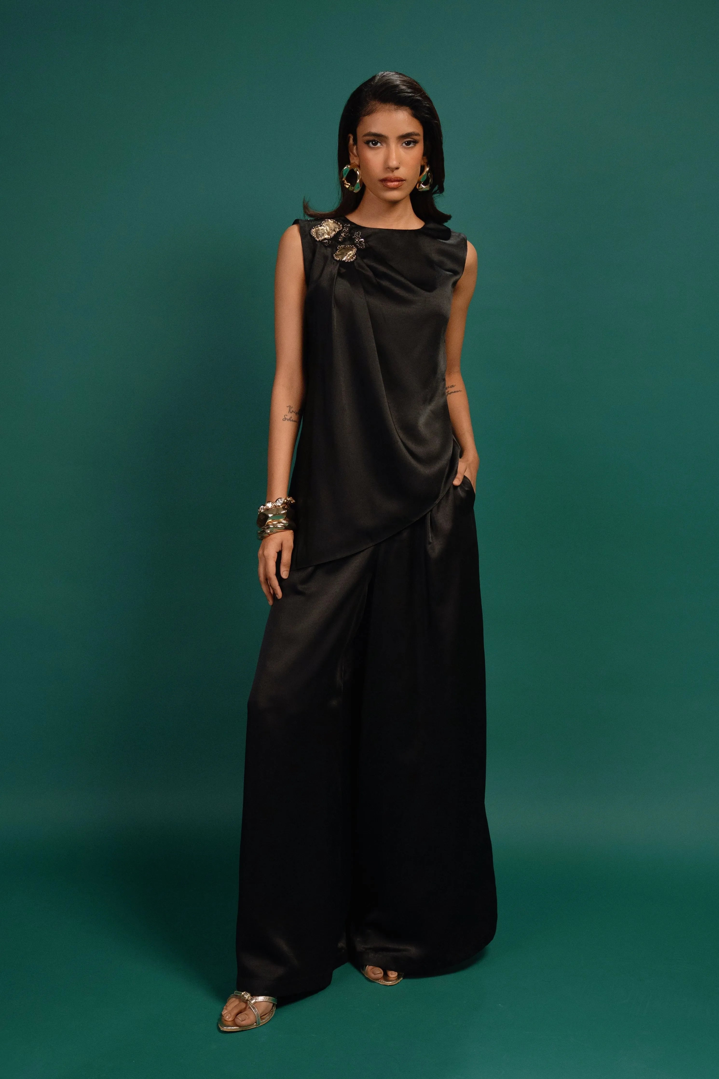 Ebony Spotted Draped Satin Top