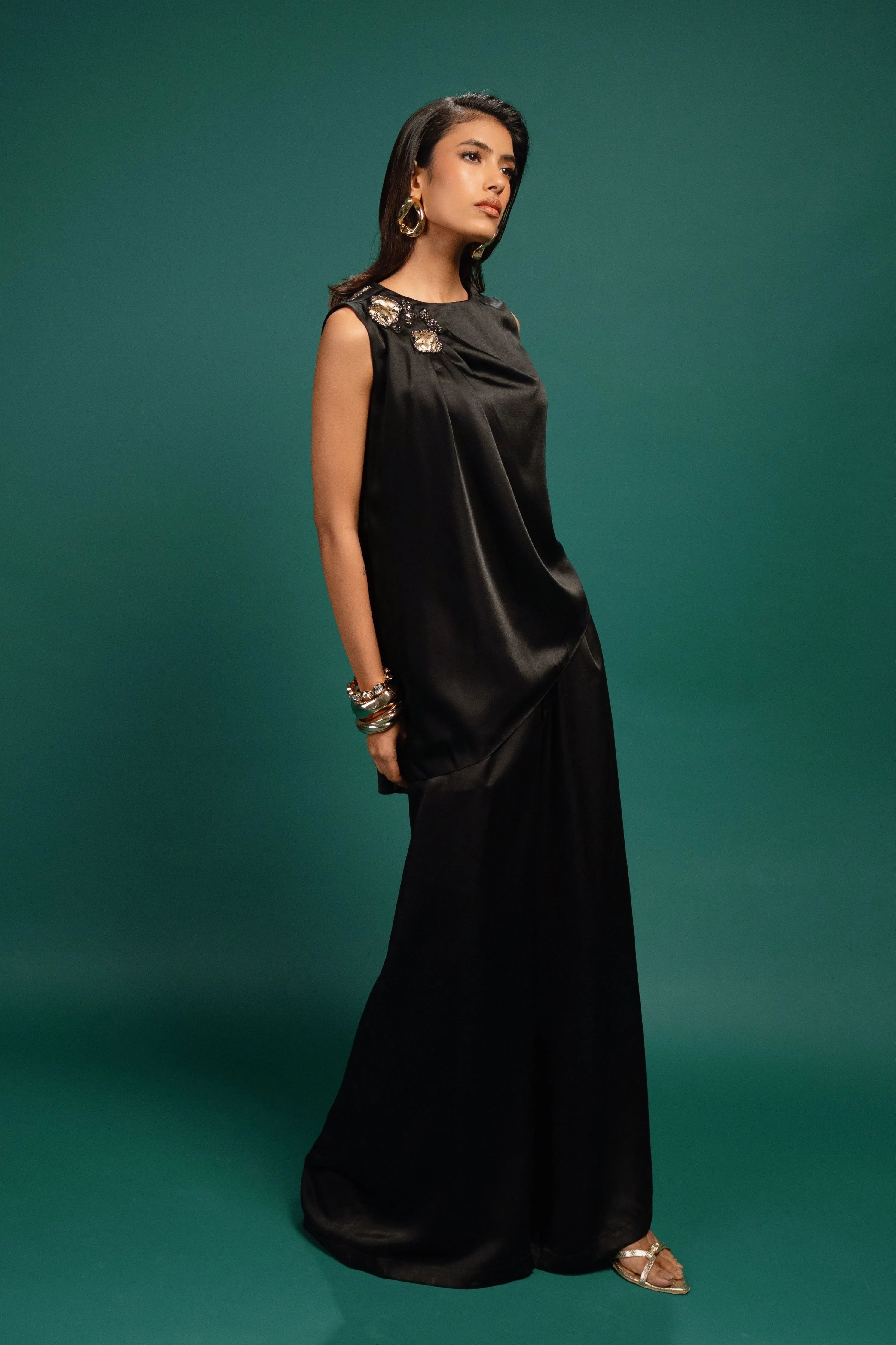 Ebony Spotted Draped Satin Top