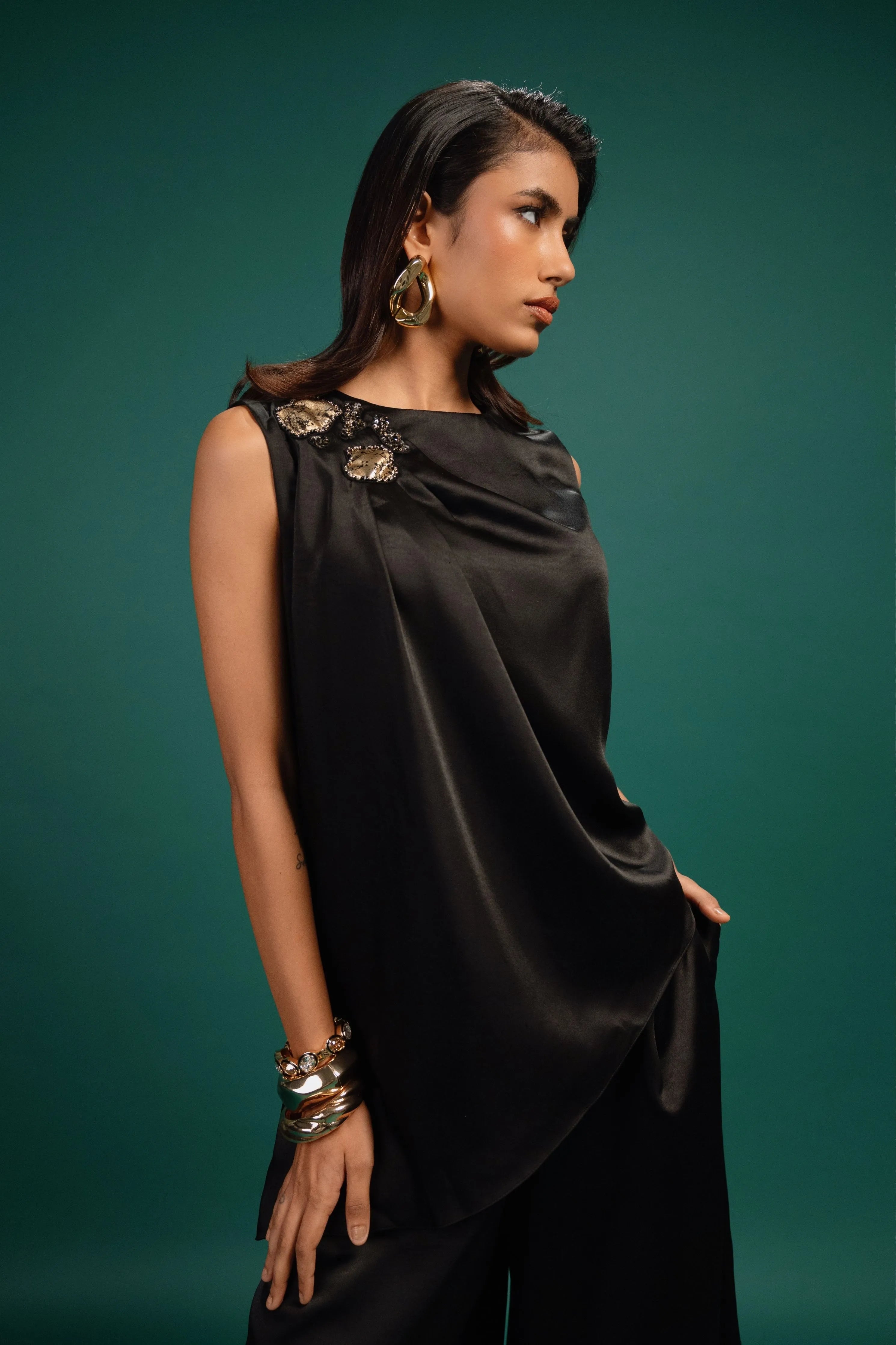 Ebony Spotted Draped Satin Top