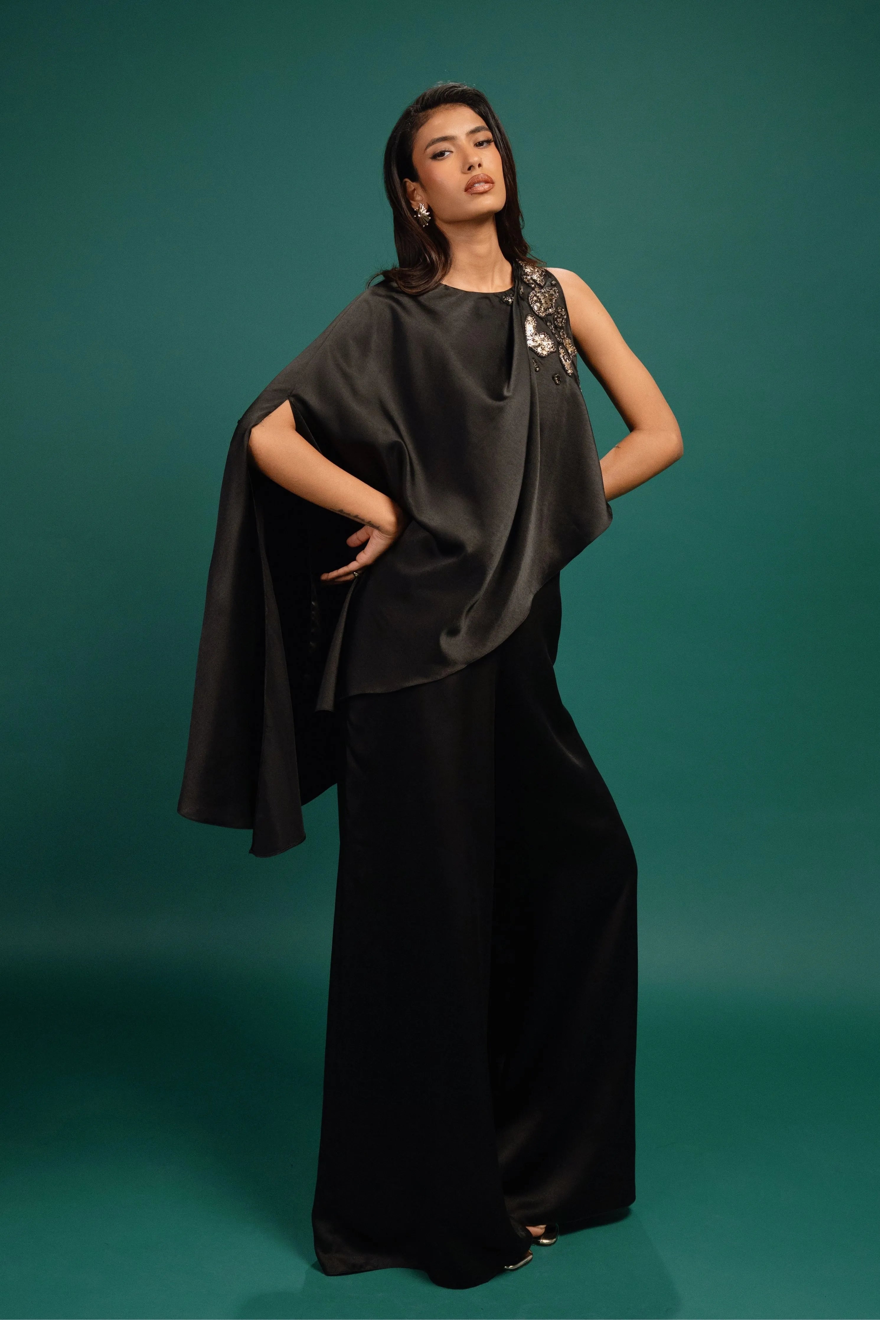 Ebony Spotted Draped Satin Cape Jumpsuit