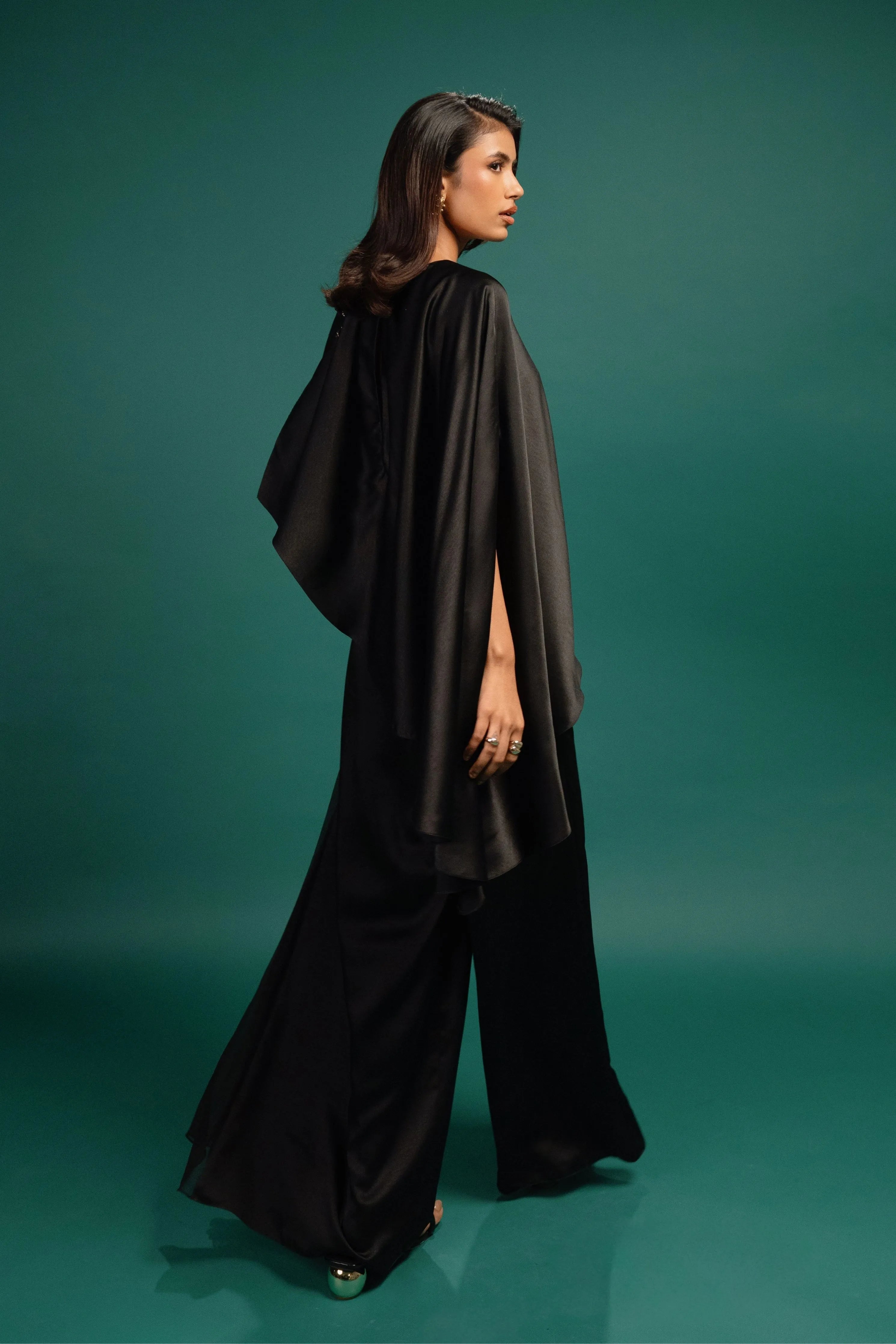 Ebony Spotted Draped Satin Cape Jumpsuit