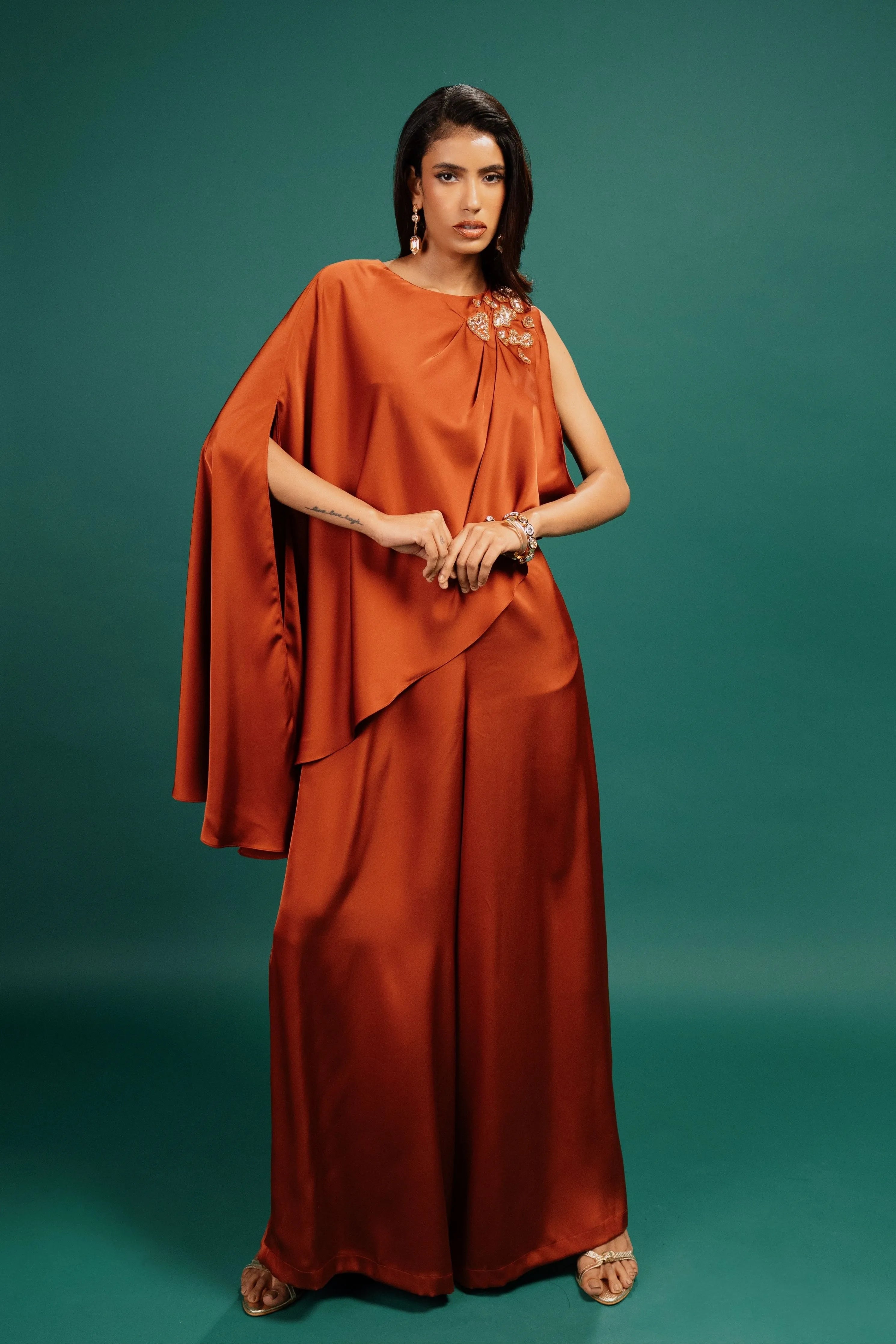 Rust Spotted Draped Satin Cape Jumpsuit