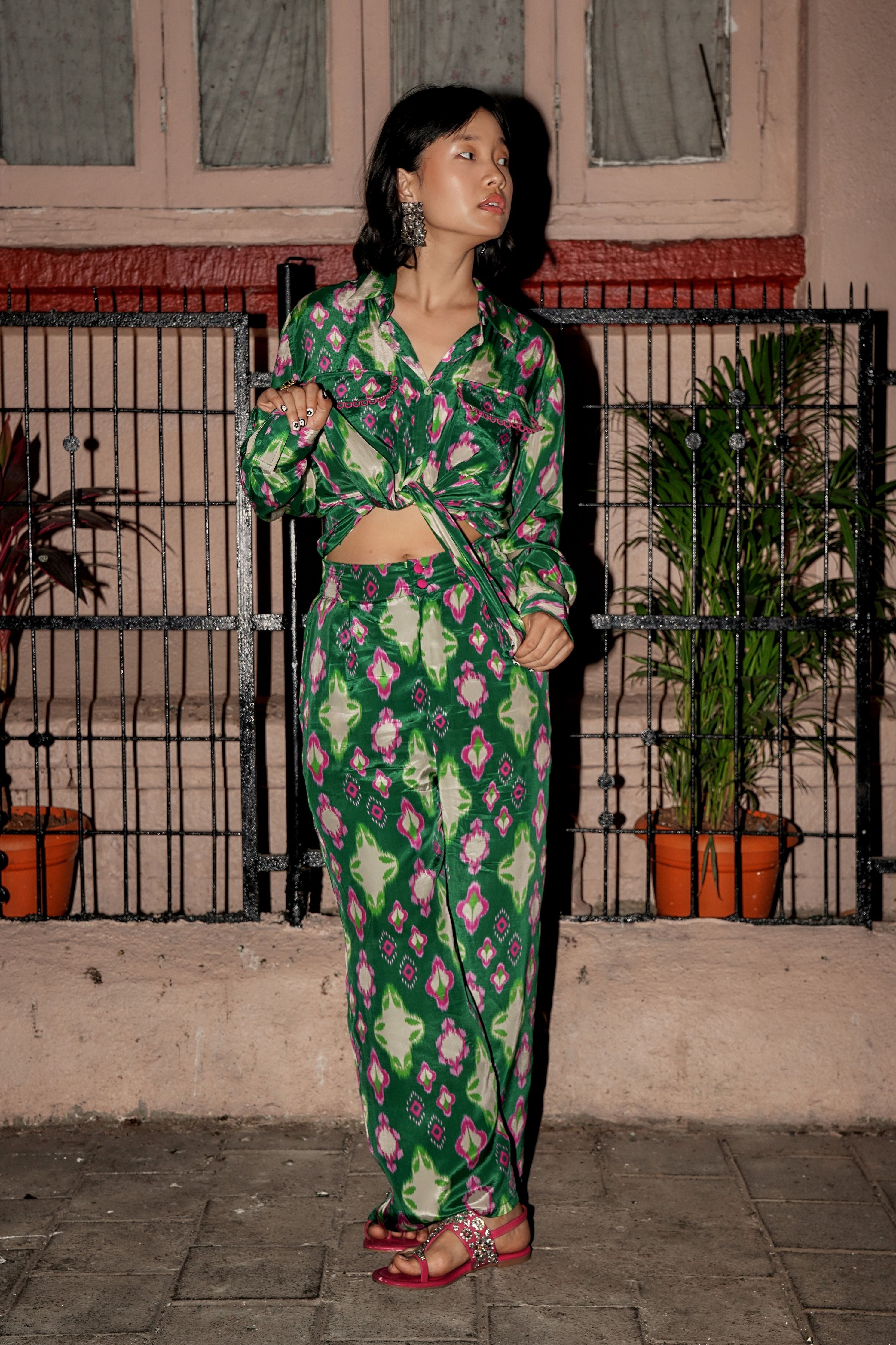 Cafe Green Ikat Tie-Up Shirt