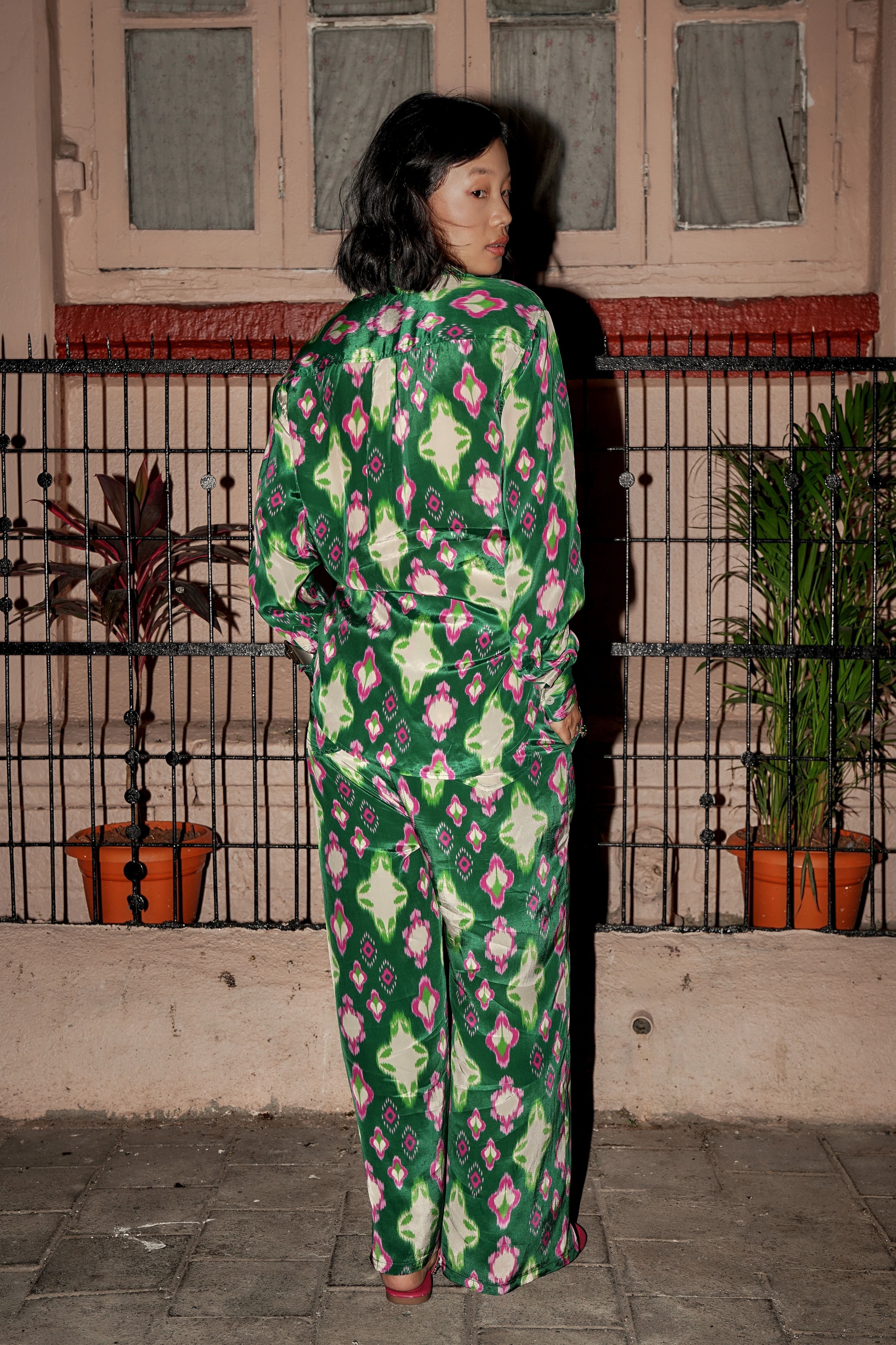 Cafe Green Ikat Tie-Up Shirt