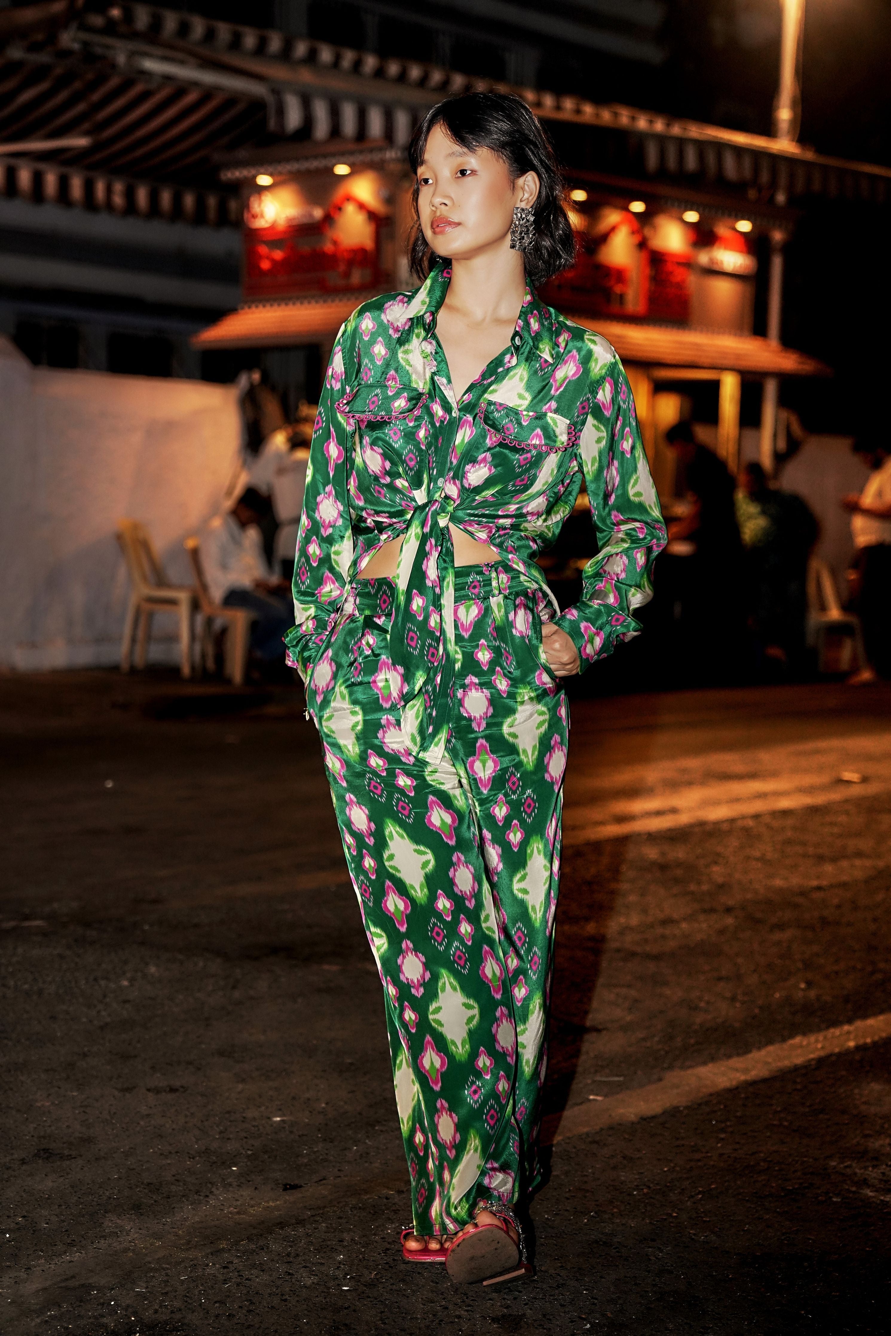 Cafe Green Ikat Tie-Up Shirt