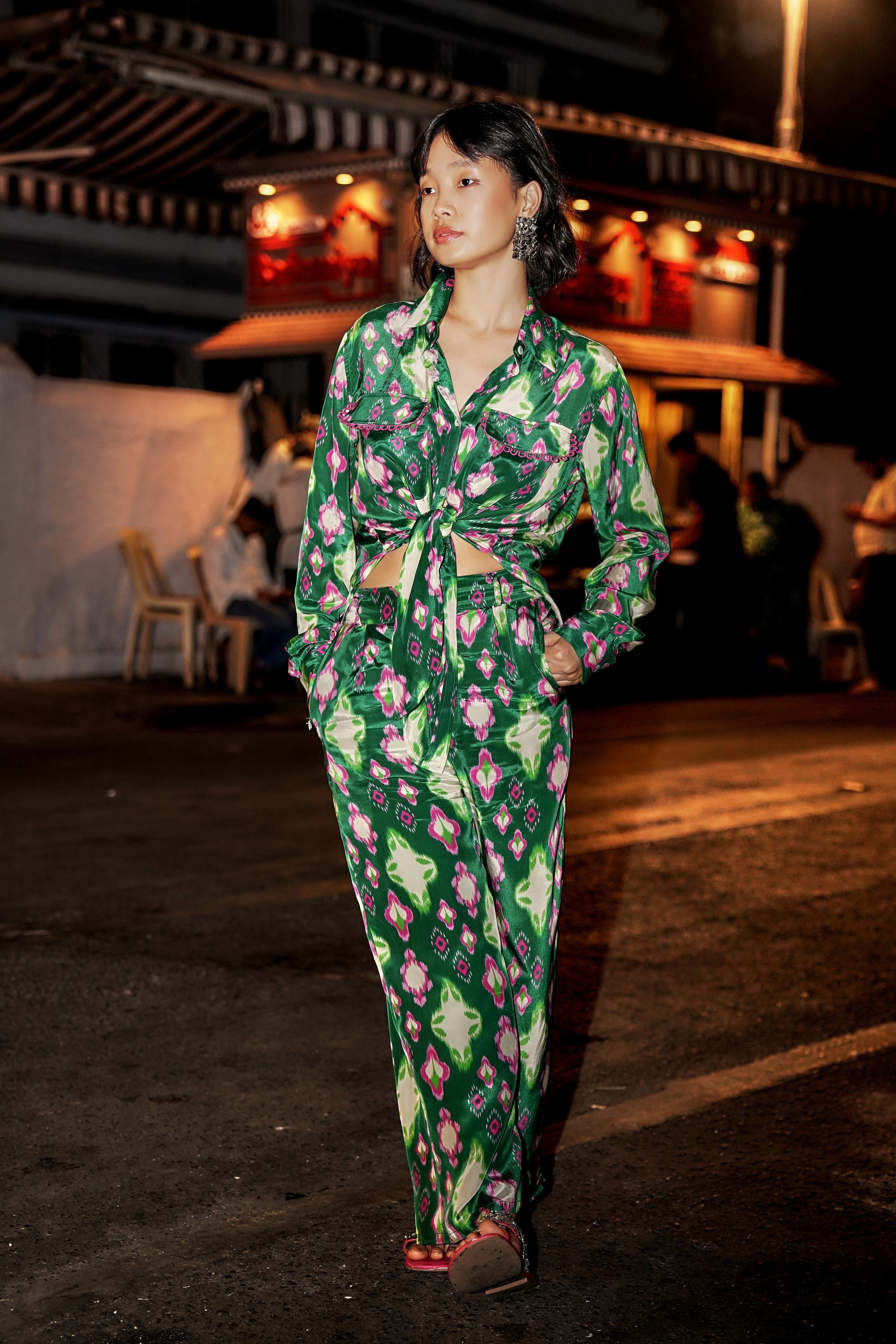 Cafe Green Ikat Straight Trousers