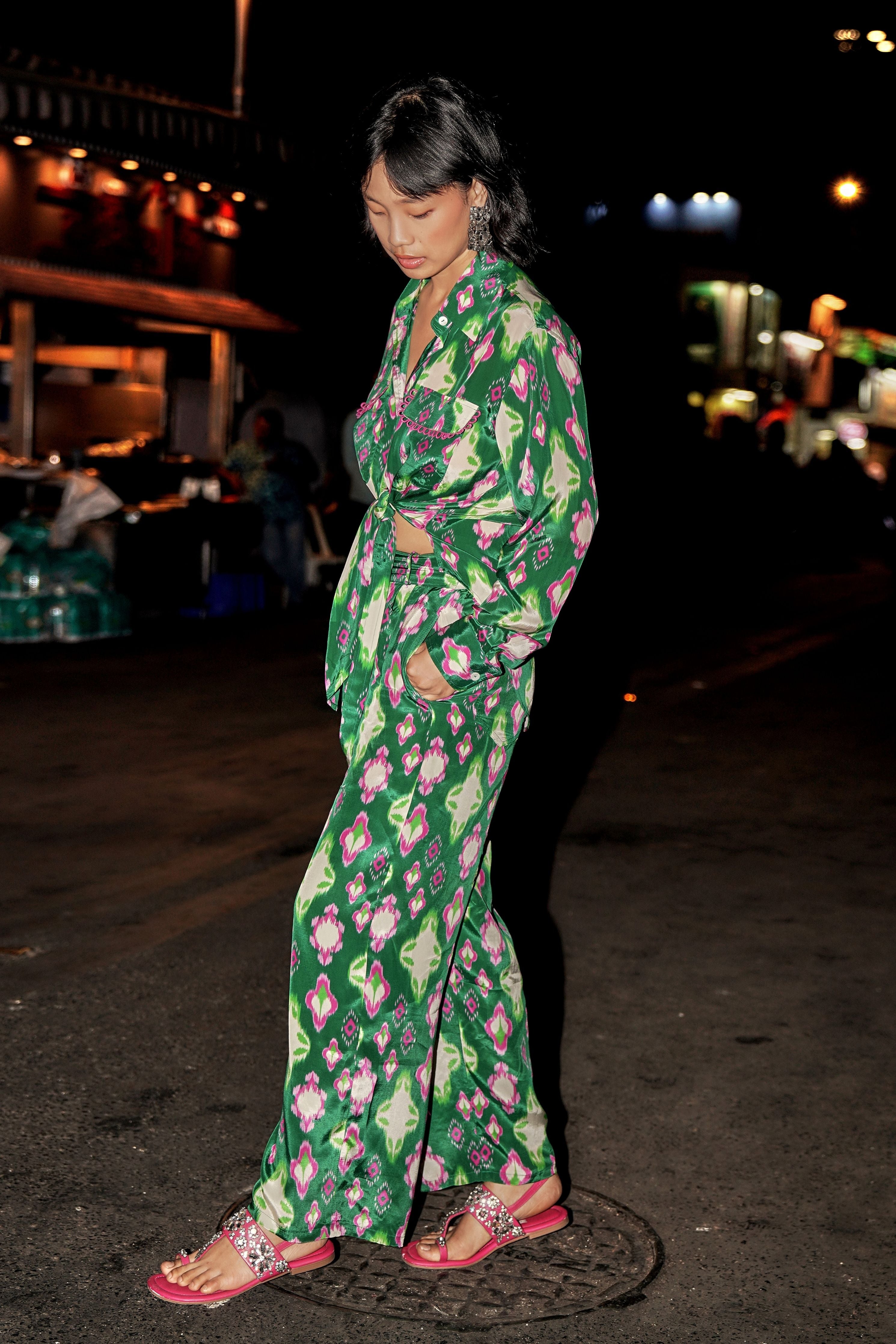 Cafe Green Ikat Straight Trousers