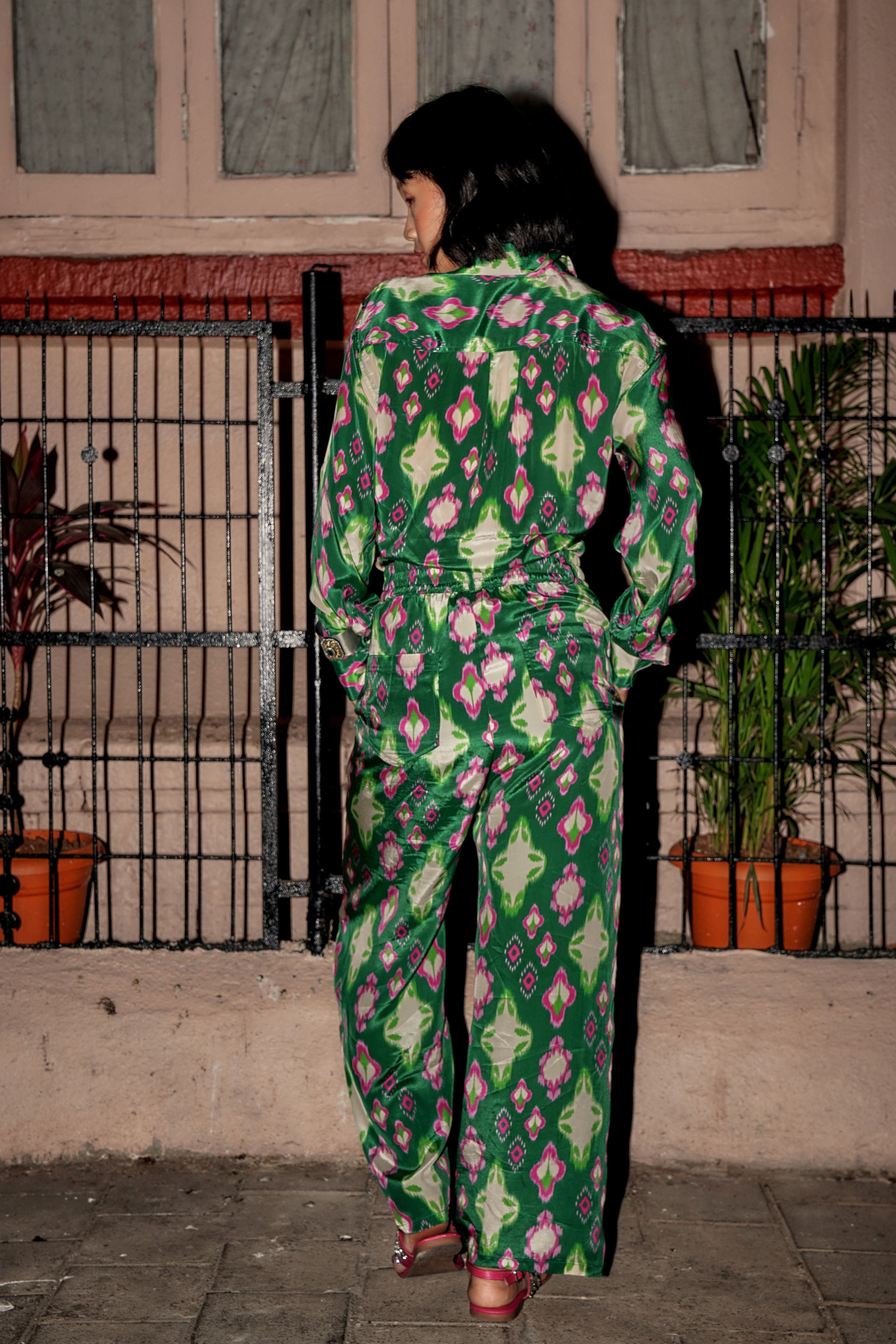 Cafe Green Ikat Straight Trousers